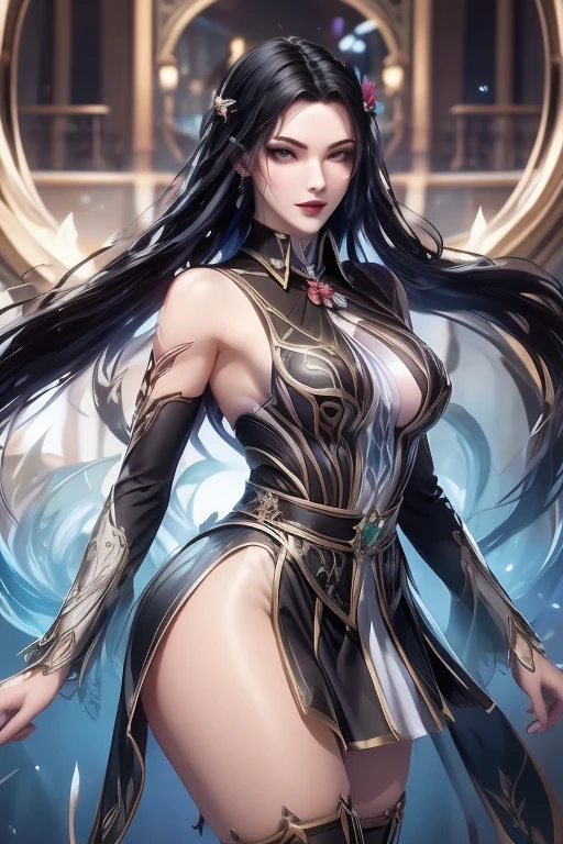 (best quality, masterpiece, realistic, detailed), 8k CG, perfect artwork, 1 girl, adult hungarian woman, slender, freckles, solo, teal eyes, light brown long hair, portrait, looking down, solo, (full body:0.6), detailed background, light smile, witch hat, witch, magical atmosphere, hair flowing in the wind, green trimmed dark colored clothes, colorful glowing magic spell in the air, swirling portal, dark magic, (style-swirlmagic:0.8), floating particles, dark sinister forest background, updraft, backlighting,
