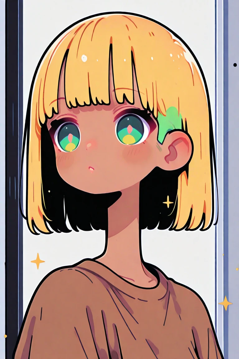 a teenage girl with tan brown skin, yellow hair in a buzzcut, green eyes, Short buzzcut, hair buzzcut