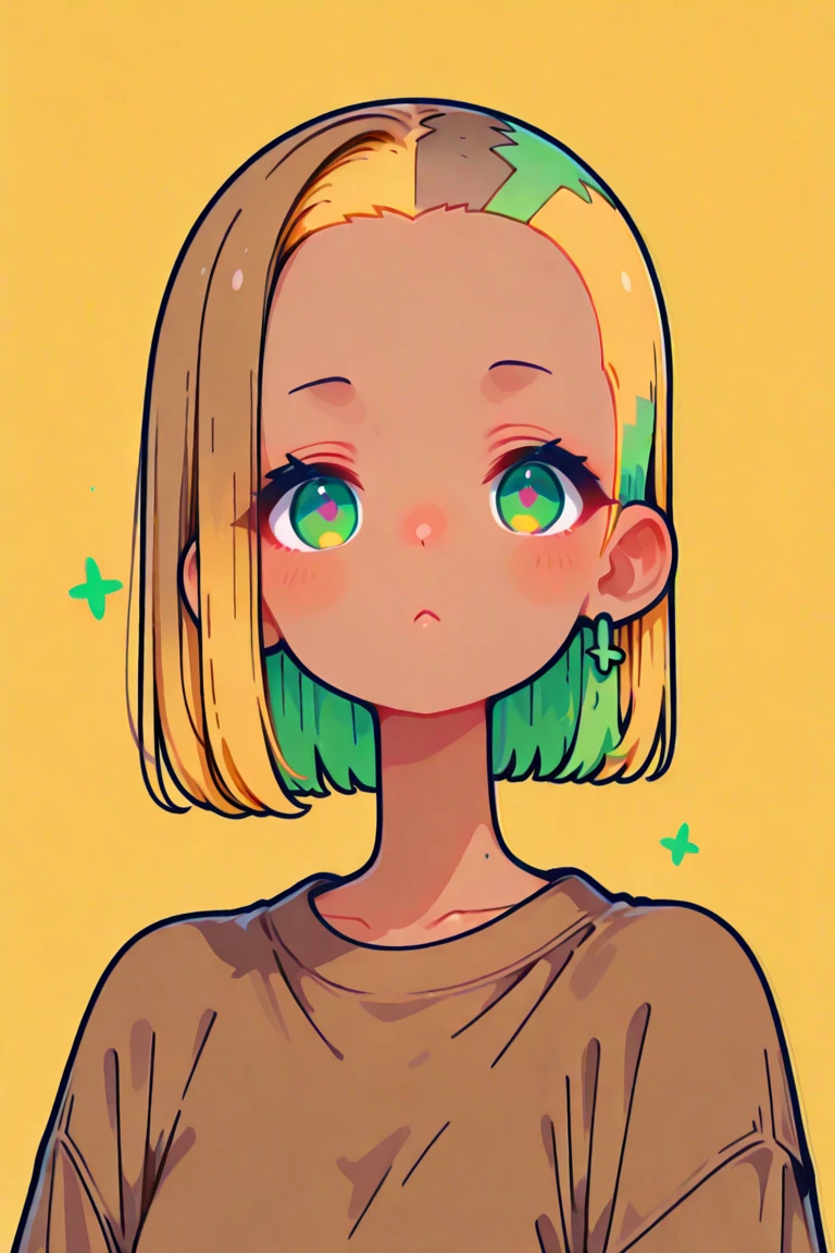 a teenage girl with tan brown skin, yellow hair in a buzzcut, green eyes, Short buzzcut, hair buzzcut