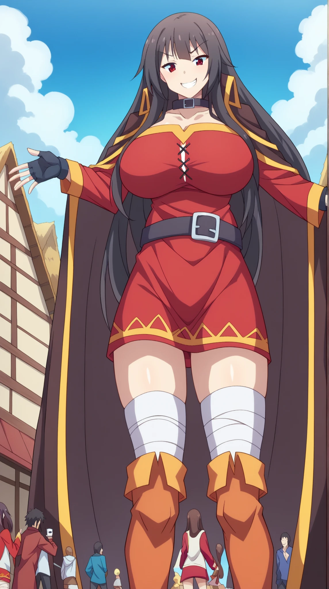 boku no hero style, my hero academia style, anime style, no mistakes, perfect hands, 1 woman, she is mature, heroine, no cape, dark purple clothes, long black hair with yellow tips, green eyes, perfect body, huge breasts, fat ass, very thick thighs