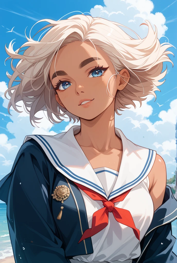 One Woman、 (((dark skin))), Beautiful silver hair、((((Very short hair))))、French braids、skyblue eyes、Beautiful Eyes、(hair band)、(((Blunt bangs))), ((Medium Chest)), No 24 years old、Tight waist, noon、Spring schoolyard、Sailor suit、-Sleeve、belly button、mini skirt、whole body