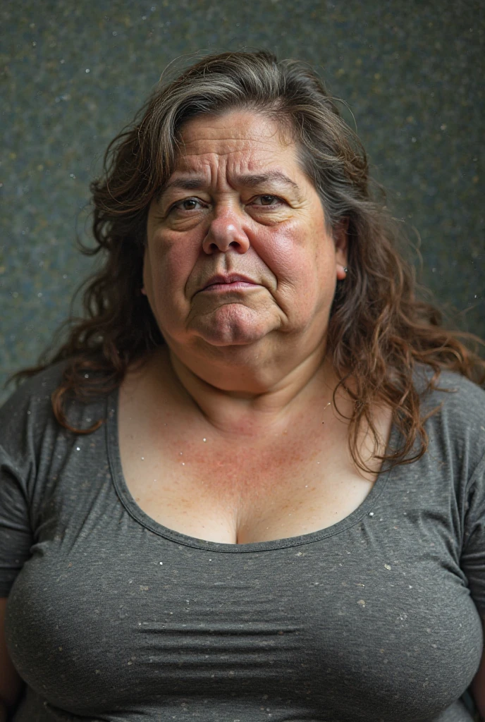  40 year old housewife with brown hair, tired imperfect face, very chubby
, in living room, sweating heavily
, shy, a lot of cleavage