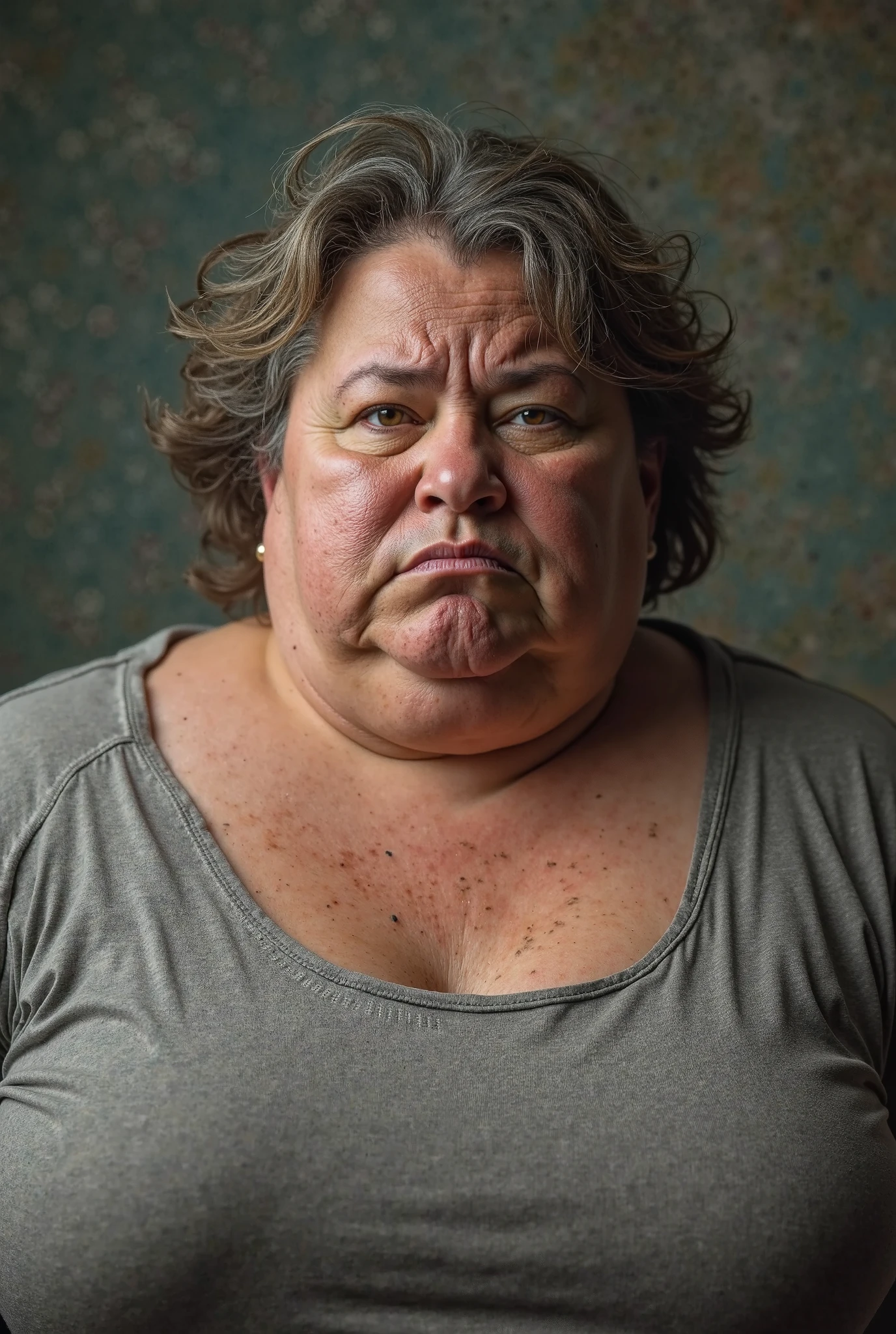 Forty-year-old woman, South American, fat and obese, shaking, terrified, screaming, crying, large fogged glasses, wearing silky shirt, unbuttoned, white low-cut, with very large flowers, dirty, white panties, brown hair, badly combed eighties curly, round face with freckles, slapped and flabby, downcast, sad look.