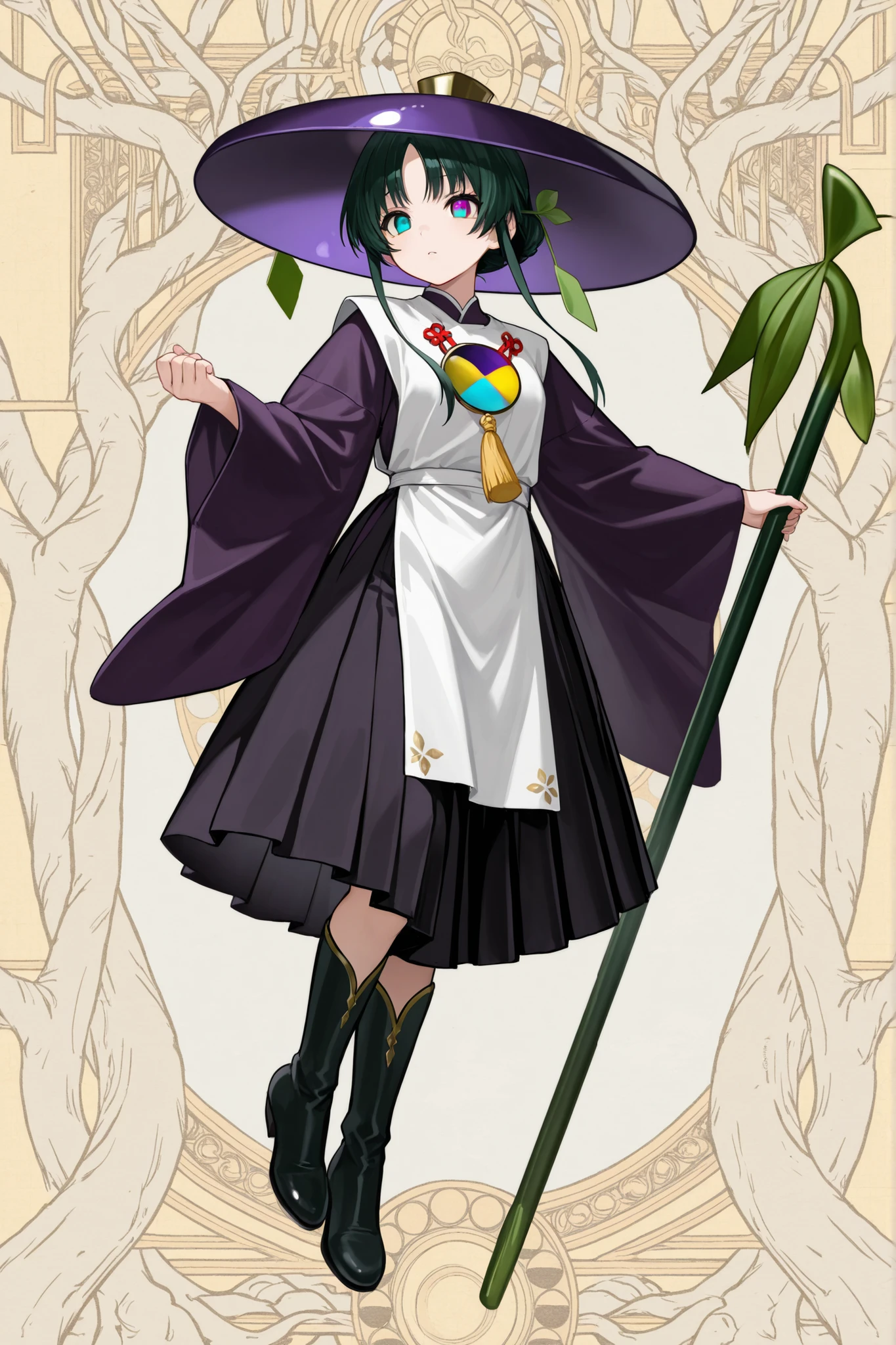 (Very creative),Eggplant monk girl features,Elongated Japanese face with round, clear eyes and(White AND Edo purple,multi-colored eyes),She is 147cm tall,(Delicate Body:0.85),BREAK Beautiful Skin,\((Eggplant color)AND(dark green stalk-like\)),latest eggplant-like stalk AND stem-style hairstyle),BREAK \((Cane)AND(Decoration)AND(Full Body)A monk outfit with cute eggplant elements\)),(Eggplant monk rod),(Philosopher's stone for recovery),Nasubi-shaped vertical monk hat,eggplant-shaped mid-boots,(Nasubi monk pose),(Eggplant village background:1.2),low angle,BREAK Miraculous Masterpiece,Highest quality,High Quality,ultra quality,Unity 8k