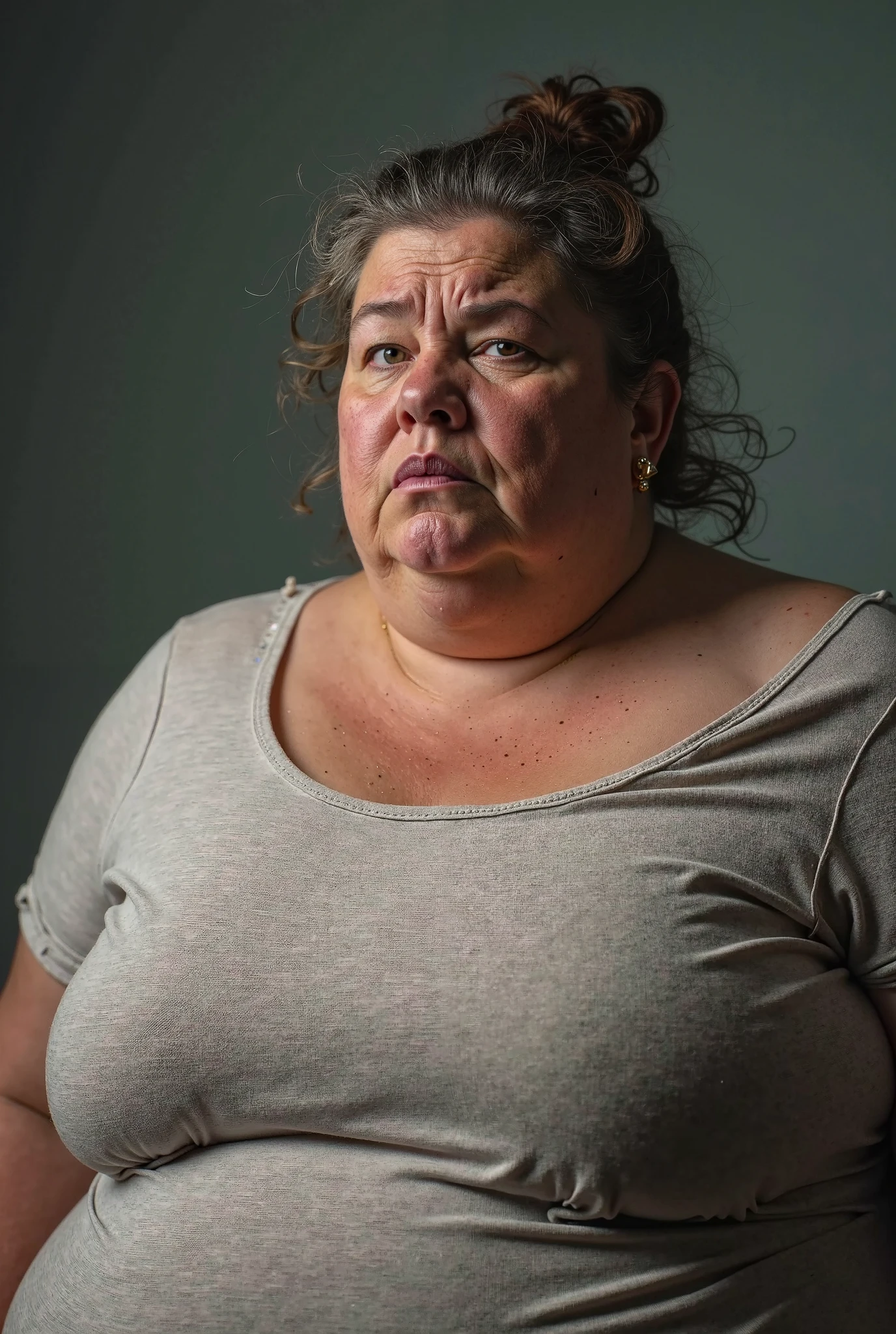 create an image of a fat woman wearing sad clothes because she can&#39;t lose weight . The style is a realistic photograph taken in daylight using a 35mm lens in 4k, super detailed, with direct beta illumination and contrast application --ar 9:16
