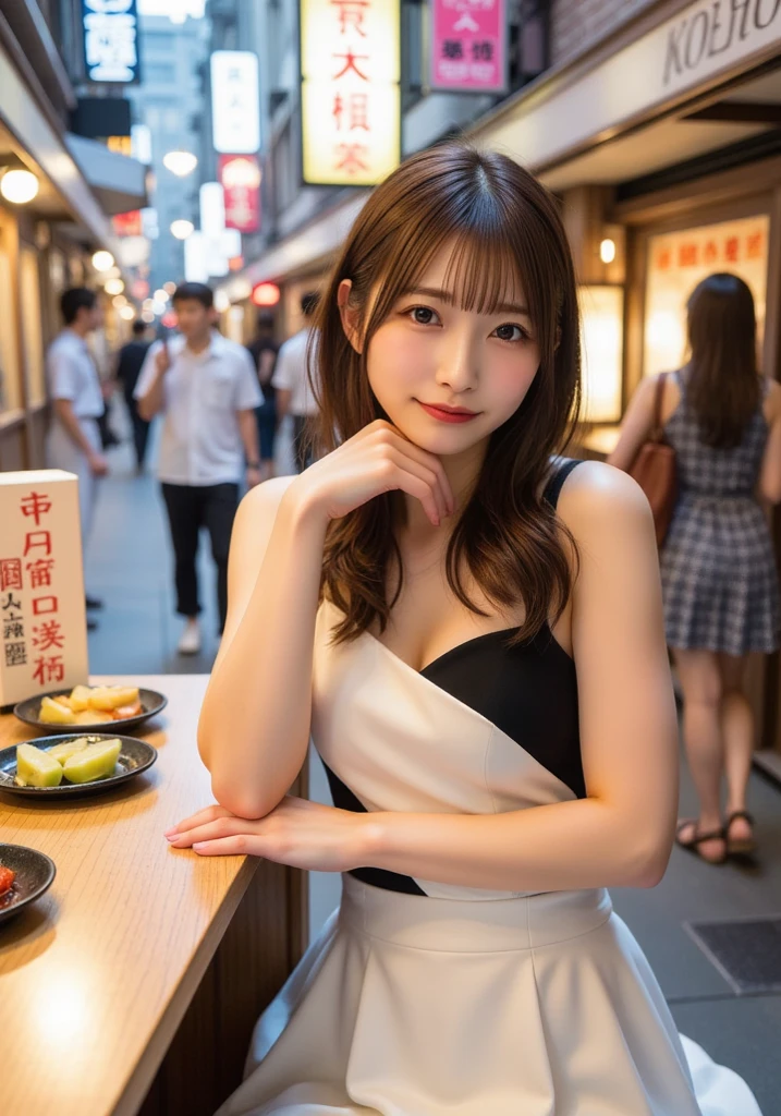 ((table top)), ((highest quality)), (super detailed), ((very detailed)), 4K, (8K), highest quality, (beautiful), city, back alley, winter, pretty girl, 1 girl, alone, cyberpunk, that costume, beautiful brown hair 0, ((beautiful eyes)), big and full breasts, smile