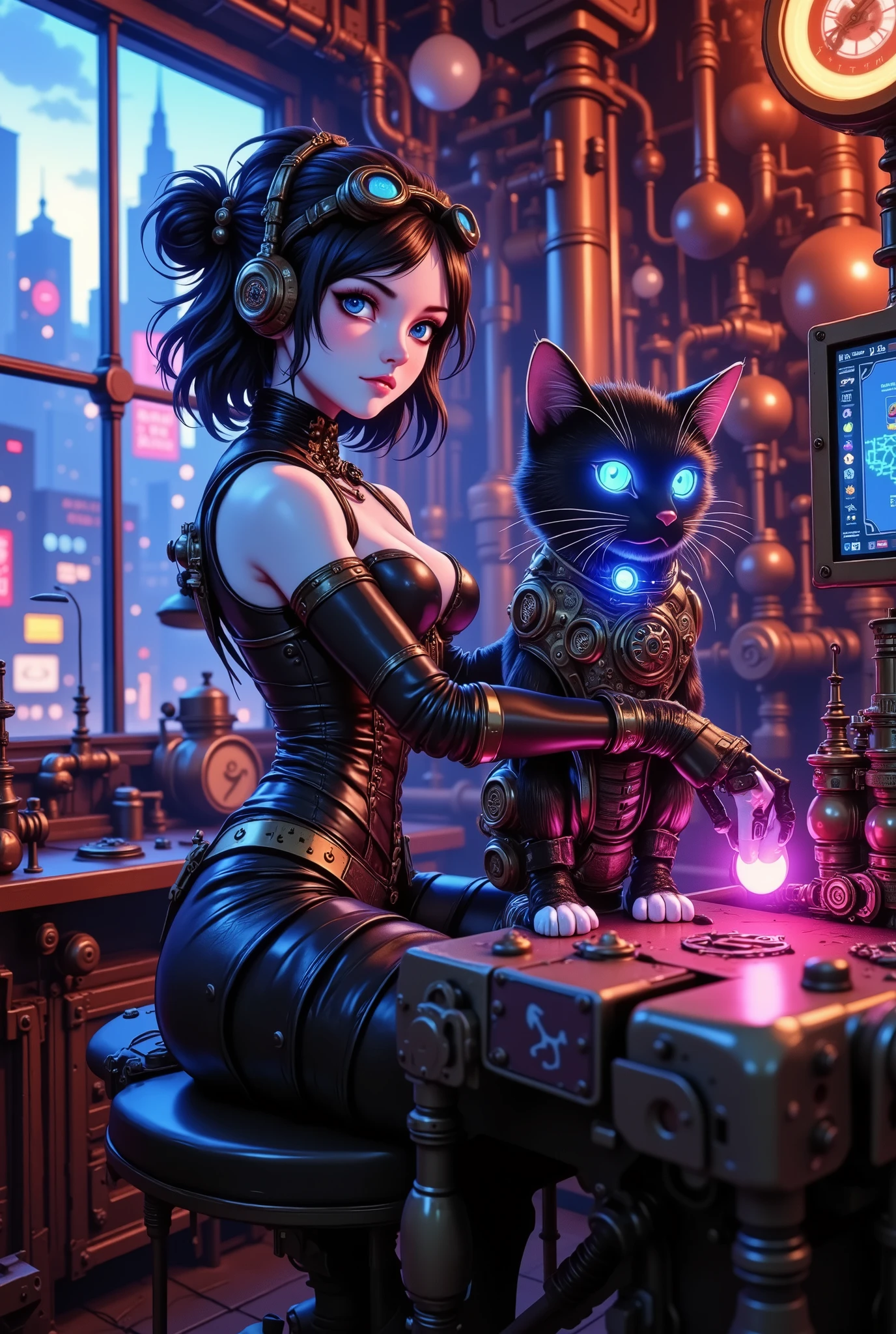 An inventor girl builds a mechanical cat in a workshop where steampunk merges with photobaching. Futuristic Victorian style, contrast of warm lamps and cold neon lights, detailed mechanisms with digital elements. A young female inventor in a hybrid costume: a neon-lit leather corset, high boots with hydraulic amplifiers, gloves with holographic interfaces. The eyes are slightly cybernetically modified (pupils glow like a night vision camera). The hair is partially gathered into a bun, with thin cables or luminous strands intertwined. He wears AR glasses with running data on his face, and a projection display with drawings of a cat on his arm. The mechanical cat:
Steampunk base: visible gears, springs, brass plates. Photobaching elements: Eyes are holographic displays with changing hieroglyphs. Paws – with plasma claws (blue/purple glow). The back is open panels with microchips among the gears. The tail is a flexible cable with neon rings. Workshop:
Steampunk details: copper pipes, levers, steam valves, antique watches with digital dials. Photobaching elements: Neon signs on the walls (Japanese/Chinese characters, advertisements for cyber services). Holograms of instruments floating in the air. Screens with running code and diagrams. Smoke (purple/blue from synthetic coolants). Lighting and atmosphere:
The contrast of warm (Edison lamps, candles) and cold (neon, blue/pink LED lights). Light digital noise in the air (the effect of an old monitor). Outside the window is a cyberpunk night metropolis (skyscrapers, flying cars, rain). Style and technique:
Photorealism with elements of digital art.
Colors: Warm – copper, brass, brown. The cold ones are neon blue, purple, pink. Effects:
The side of the neon lights. Light glow on metal (as from holograms). Depth of field (blurred background with an emphasis on the heroine and the cat).