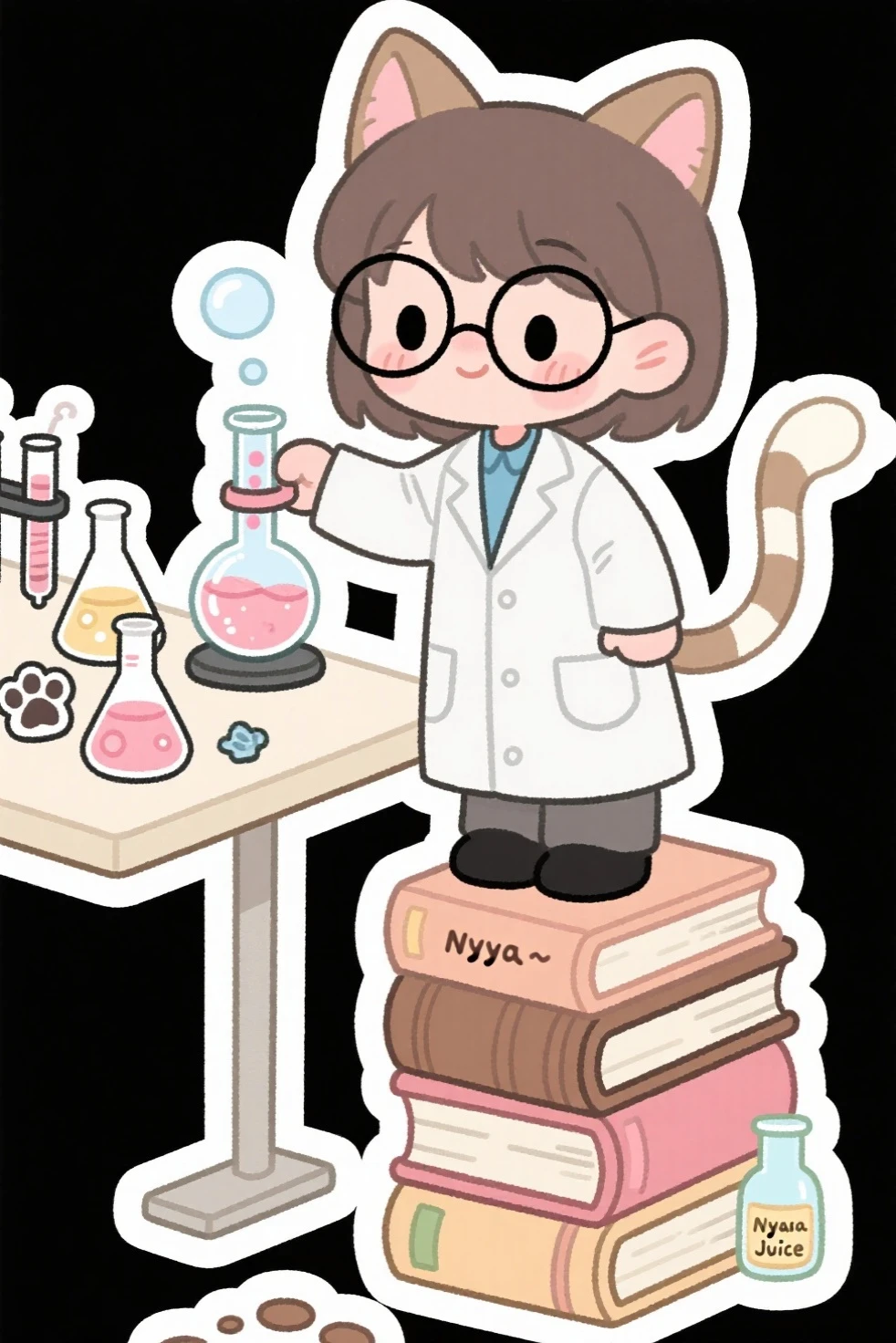Cute chibi-style cat-eared girl scientist in an oversized white lab coat, standing confidently on a stack of books to reach a tall lab table. She has tiny round glasses, fluffy ears, and a long cat tail curled behind her. Her big curious eyes are focused on a small distillation apparatus bubbling on the desk. The table is filled with tiny laboratory items: beakers, flasks, paw-shaped test tubes, and a bottle labeled ‘Nyaa~ Juice’. Cozy doodle art style, soft pastel color palette (beige, light brown, blush pink), clean sharp outlines, centered composition with no background. Pleasant, whimsical, sticker-like illustration with smooth lineart.