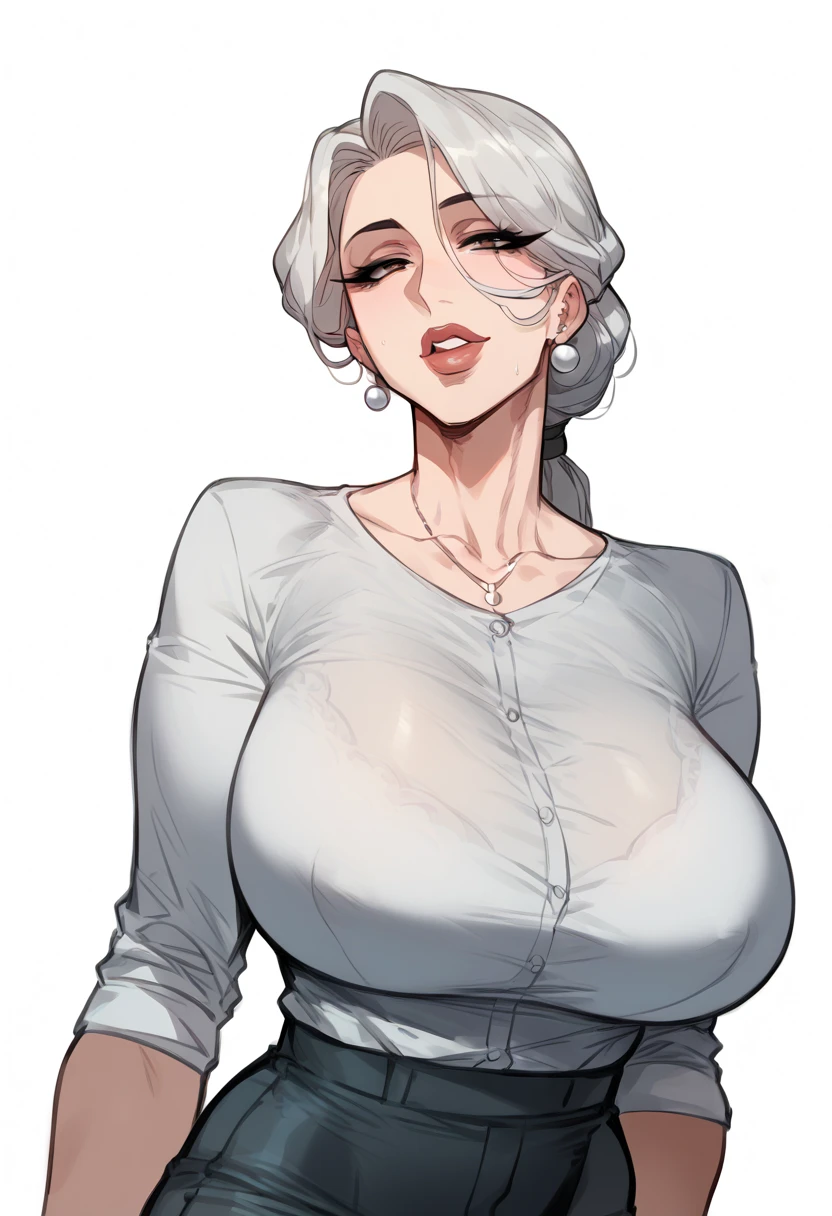 Old white woman as a principal, milf, mature, platinum hair, gray hair, short hairstyle, faux bob hairstyle, bob cut, slim face, high cheekbones, big lips, full lips, up-turned nose, pointy nose, pouting, pouting lips, pale skin, 90s glamour makeup, tall, curvaceous, small waist, big hips, hip dips, big breasts, gigantic breasts, sagging breasts, long legs, white blouse, cardigan, brown pants, Best quality, 8k, Masterpiece, realistic, photorealistic (gigantic breasts:1.2)