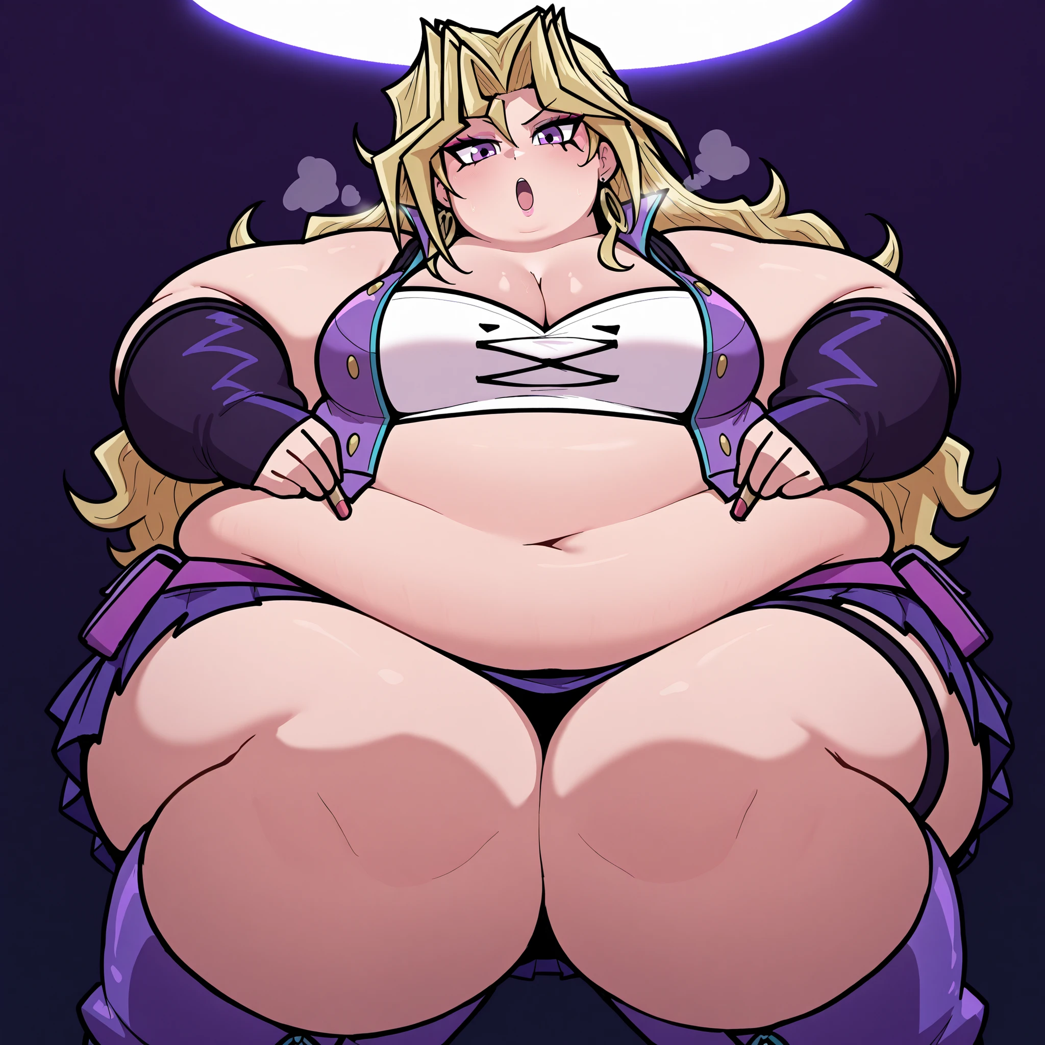 (extremely detailed CG unity 8k wallpaper:1.1), (traditional media:0.9), (sketch:0.9), tracing, ultra-detailed, soft lighting, anime, (1girl), mtladymha, boku no hero academia, long hair, blonde hair, horns, domino mask, bodysuit, large breasts, purple eyes, ((big belly, massive belly, round belly)), shocked, open mouth, hands behind head:1.4), (solo:1.5)