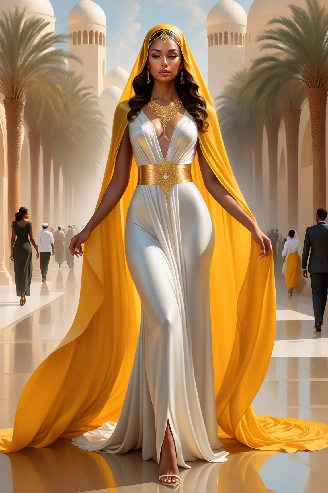 A beautiful African-American giantess princess, curvy and voluptuous figure, wearing tight-fitting fashionable clothes, thicc, detailed facial features, intricate dress design, fantasy landscape, dramatic lighting, cinematic composition, hyper-realistic, 8K, photorealistic, masterpiece