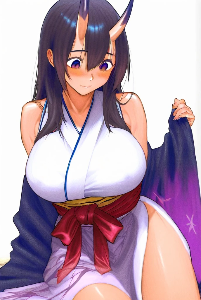 Japanese kimono with floral pattern,Off-shoulder, 1 girl,20 years old, ,large Chest, Young women,Fair Finger,Fair long legs,Fair Body,Fair Nose,Fair character design, Perfect eyes, perfect Face,Expressive eyes, Looking at the audience,(lead_Body),(Focus on her Face), Official Art,Extremely detailed CG unity 8k wallpaper, Perfect Lighting,rich and Farbeful, bright_front_Face_Light,Light skin, (masterpiece:1.0),(the best_quality:1.0), Ultra-high resolution,4K,Very detailed, photography, 8k, Human Development Report, high resolution, absurdes:1.2, Kodak Portrait 400, Film Grain, Blurred background, bokeh:1.2, Lens Light Halo, (Full of energy_Farbe:1.2) (Fair,Target_Chest:1.2), (Fair_Face:1.5),(narrow_waist), Smile, Happy,Purple Eyes, Black Hair,bangs,Ponytail, exposing breasts, showing breasts, nipple, erotic, horny
