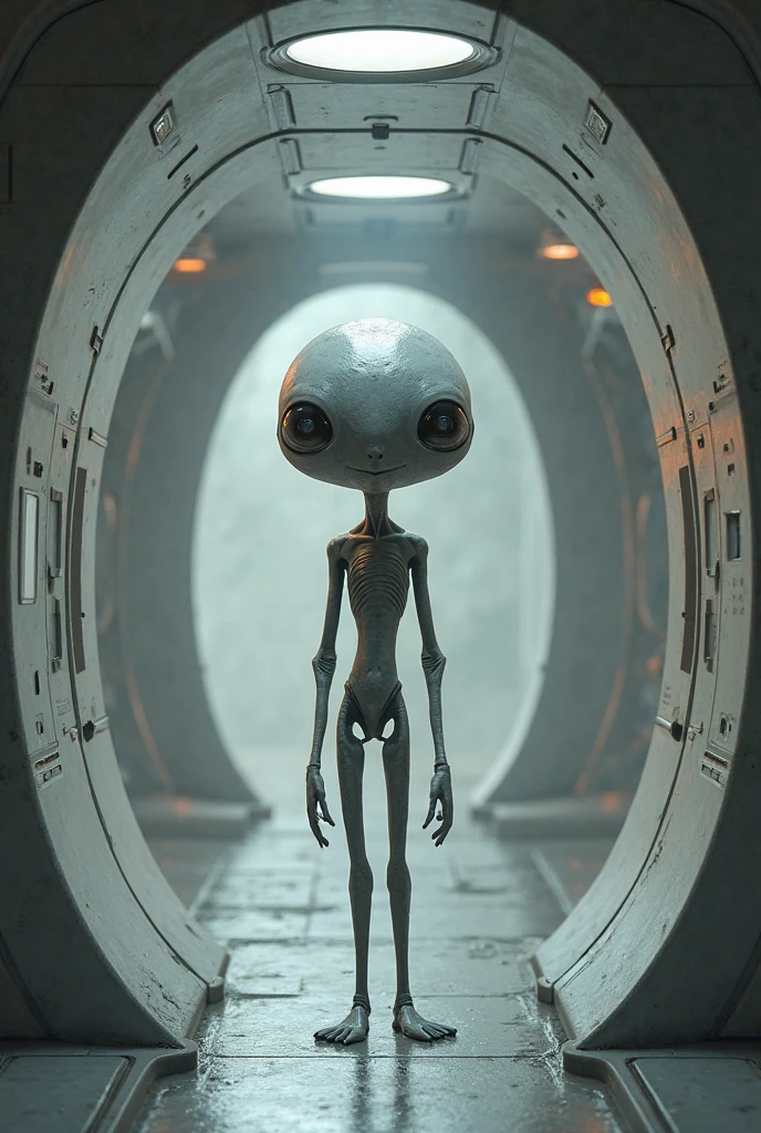 wide angle photo of a grey alien inside a starship, ful body shot, cinematic lighting, high resolution, insane details, intricate details, hyperdetailed