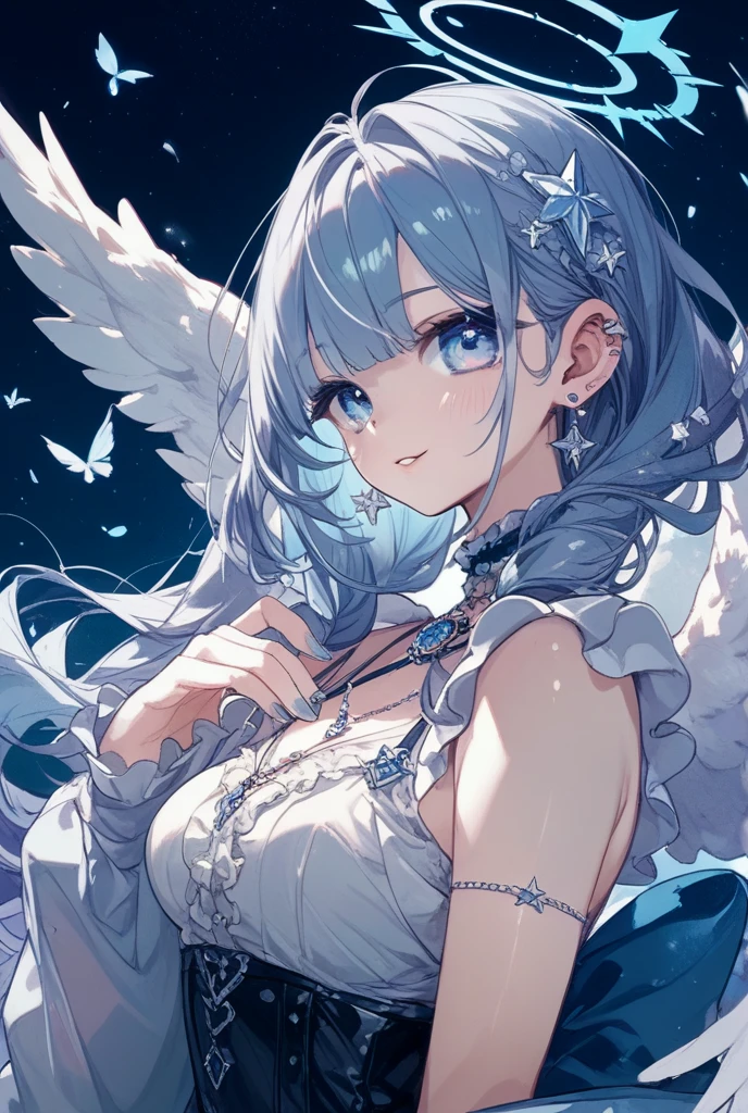Ultra-high resolution, 8k,high quality,(((Cute tops,Angel,goddess))),(Retrospective angle,Cunning Hand),(、glowing、iridescent light,soft shadow,Anime Painting,thin line drawing),One Little Woman,(((giga breasts,))),