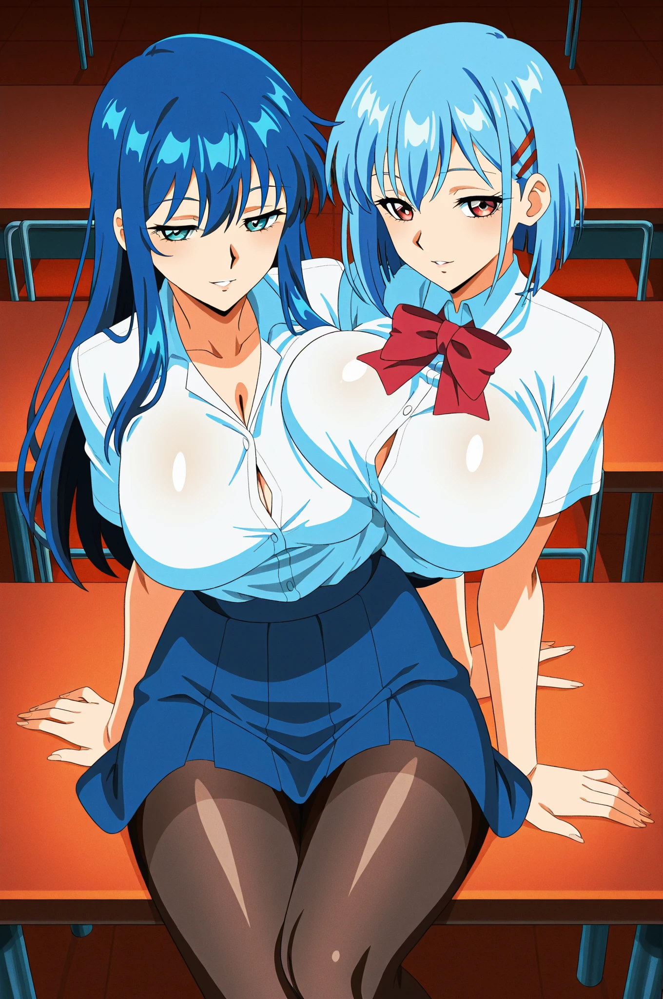 score_9, score_8_up, score_7_up,rating_explicit, aax,very aesthetic,indoors,highschool,classroom,intersex\intersex,cowboy shot,BREAK 2girls,futanari,intersex,dick girl,retro artstyle, standing, futanari masturbation,kissing,french kiss,saliva trail, ((rubbing penis each other)),looking at another,highly detailed face,beautiful eyes,(gigantic breasts:1.2),reverse bunnysuit,fake rabbit ears,exposed breasts,nipples,long sleeves,animal choker with chain,groin,torn pantyhose, BREAK [large penis:(triple penises,Quadruple penises,extra penises:1.25):6],daze,orgasm,half-closed eyes,unfocused eyes,(open mouth),tongue out,saliva,BREAK (Fujisaki shiori,red hair,long hair),(saki nojino,short hair,blue hair), cinematic lighting,from above,zPDXLxxx, best quality,absurdres,intricate details,official art, 