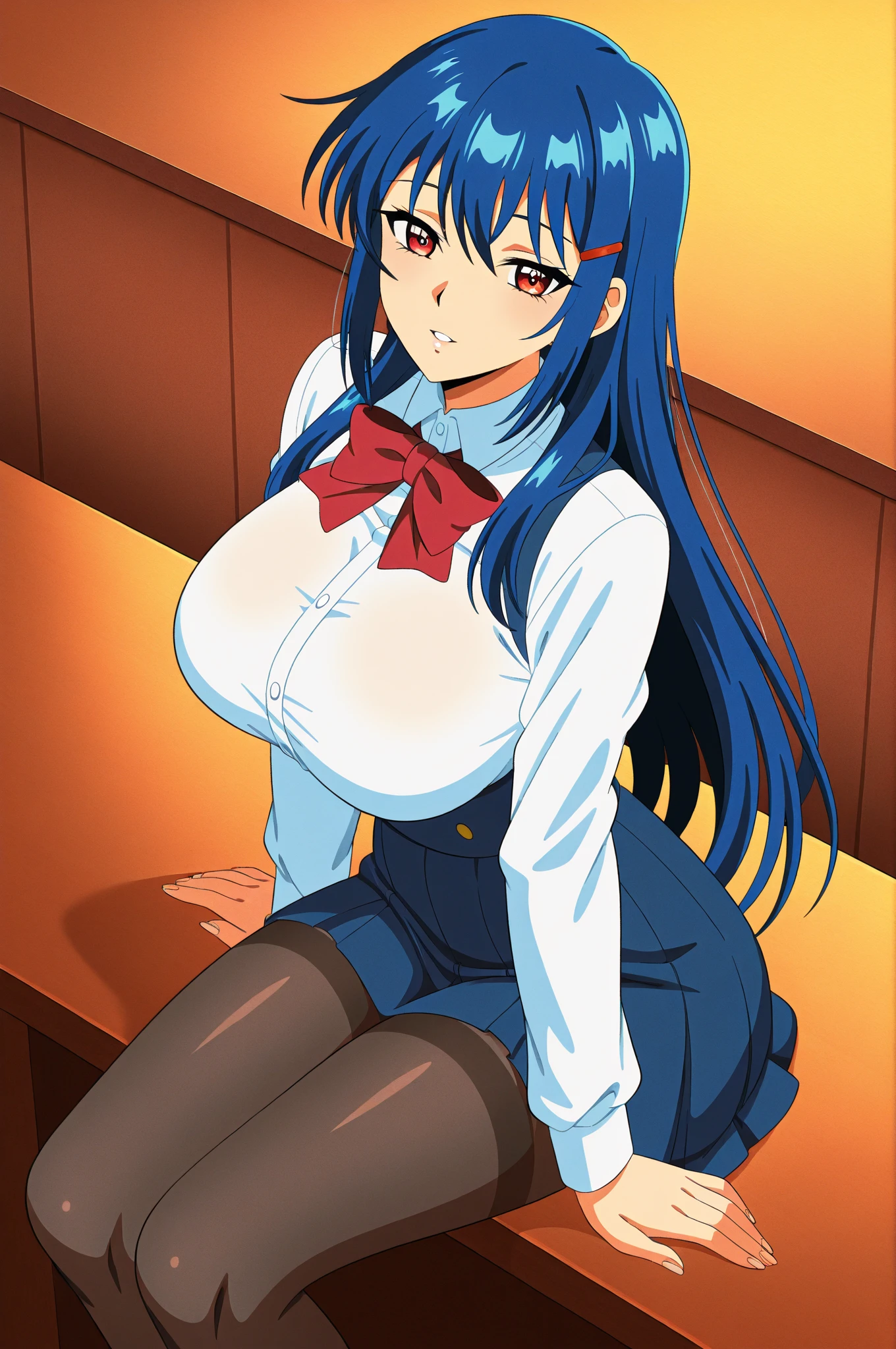 <lora:OGT_Medaka_Kurokami-v2:0.7> (extremely detailed CG unity 4k wallpaper),(masterpiece),(best quality),(ultra-detailed),(best illustration),(best shadow),(absurdres),(detailed background), Medaka Kurokami, 1girl, solo, breasts, long hair, cleavage, blue hair, blush, ahoge, large breasts, red eyes, parted lops, sparkle