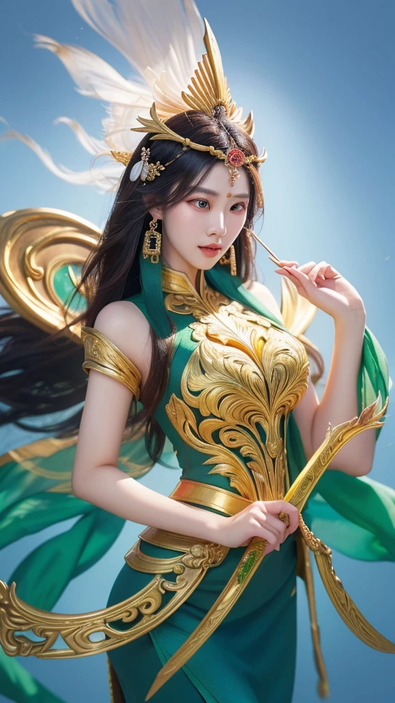 An Indonesian-styled sexy futuristic suit without pants worn by a beautiful teenage girl with crown on the head. depicting cultural fusion and modern fashion. The suit is adorned with intricate patterns and dominant by a green colors, showcasing the rich heritage of Indonesia. The girl stands confidently with her detailed eyes reflecting ambitious. The suit's material is a combination of traditional textiles, green emerald stone, and futuristic synthetic fabrics, giving it a unique and avant-garde appearance. The overall image quality is of the highest standard, with sharp focus and ultra-detailed rendering. The artwork employs physically-based rendering techniques, resulting in realistic lighting and shadows. The colors are vivid and vibrant, capturing the essence of Indonesian cultural aesthetics. The background features a fusion of modern architecture and traditional elements, creating a harmonious blend of the past and the future. The prompt explores the intersection of Indonesian culture, futuristic design, and the artistic representation of a confident girl