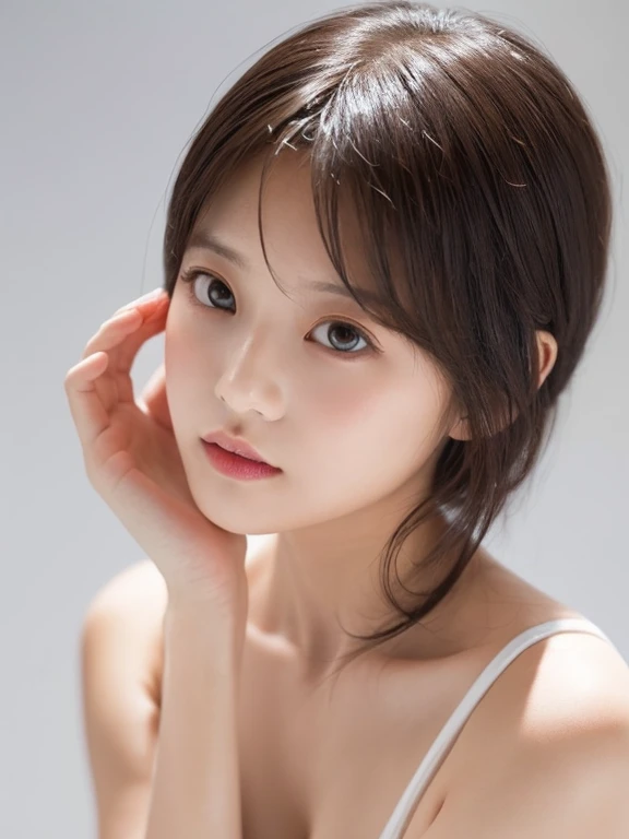 1 Girl, (Naked Girls:1.7), ((No underwear:1.7))、((Hair tied in a ponytail with a big pink ribbon:1.7))、((Apply pink makeup:1.4))、((Pink Eyeshadow:1.2))、Very beautiful Japanese idol portraits, 
(RAW Photos, Highest quality), (Realistic, Realistic:1.4), (masterpiece), 
Very delicate and beautiful, Very detailed, 2k wallpaper, wonderful, finely, Very detailed CG Unity 8K 壁紙, Very detailed, High resolution, Soft Light, 
Beautiful detailed girl, Very detailed目と顔, Beautiful and sophisticated nose, Big beautiful eyes, Cinema Lighting, 
(Simple light color background:1.3),
(Medium Hair), (Parted bangs), Light Gray Background、
Complete Anatomy, Slender body,Very small breasts, Sensual look