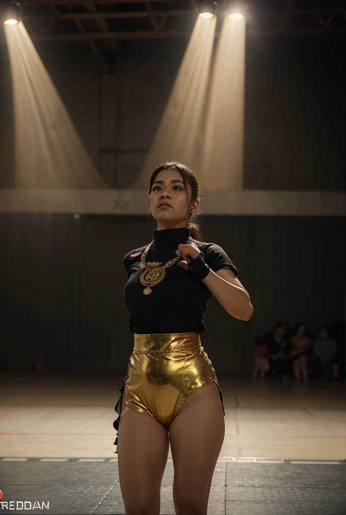 Generate an image of a dynamic fashion model standing pose. The beautiful (Korean-Indian) mma-fighter lady with (messy hairdo), wearing white and black sport bra, heavy giant white gray mecha-gloves showing metalic tendons, big-headphone. Sport pants. Standing in the octagon ring surrounded by spectators. Fish eye lens. Close up.