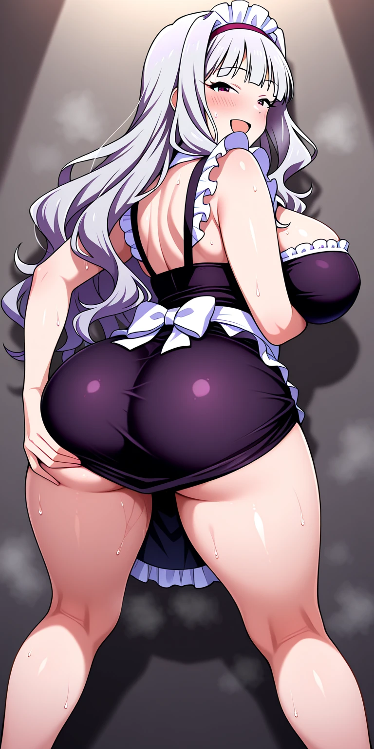 (armored leotard:1.2), smile, looking at viewer, full moon, night, witch hat, gigantic breasts, wide hips, 1girl,solo,standing,cowboy shot, Fujido Oriko, blue eyes, blunt bangs, breasts, drill hair, fang, large breasts, long hair, open mouth, purple hair, smile, standing,
