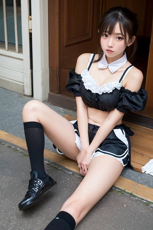 (Realistic, photo-Realistic:1.37), Unbelievably absurd, (Very detailed:1.3), 8K, (masterpiece), (Highest quality:1.4), (Ultra-high resolution:1.2), (RAW Photos:1.2), Very detailed background, (unity 8K wallpaper), 1 nogizaka girl, very cute, (bishojo:1.35), (17yo:1.4), (white, Black and pink mine fashion), (Delicate and beautiful face, eye, skin), (Beautiful dress with intricate details), Gothic Maid, (Thick black shiny hair), (Elegant frills), (Blue rose hair accessory), (Smiling for the camera), whole body, Street view, Professional Lighting, 1 Girl, (Light pink hair)、Swimwear、whole body、Beautiful eyes、White skin、Natural smile、Realistic skin texture、Slim body、Back view、Small Ass、On all fours