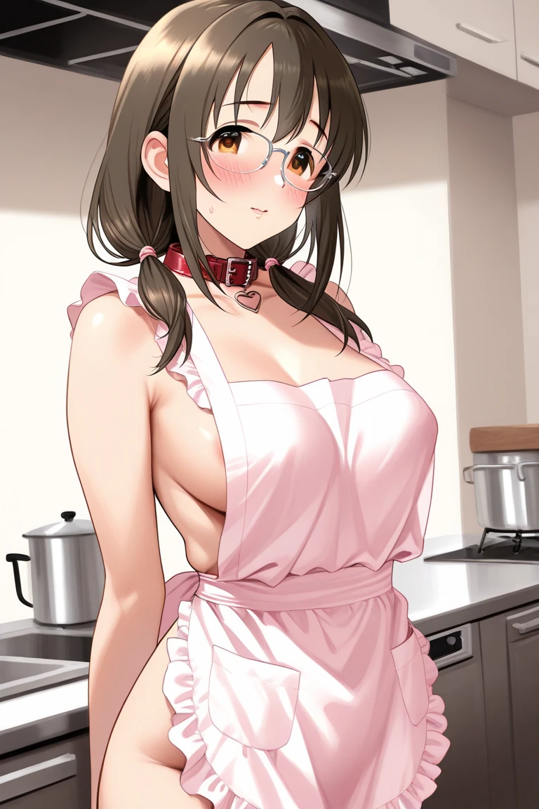 (masterpiece), best quality, very skinny, black hair, short hair, red glasses, brown eyes, big breasts, cleavage, cute face, watching the camera, cooking a chocolate cake, pink kitchen, cute pink apron, forced smile, full body