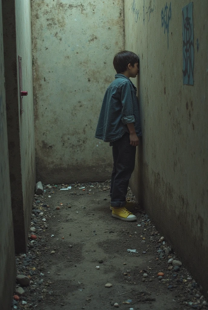 A boy, sitting in an alley, with dirty and torn clothes, sad face, under the rain, at night