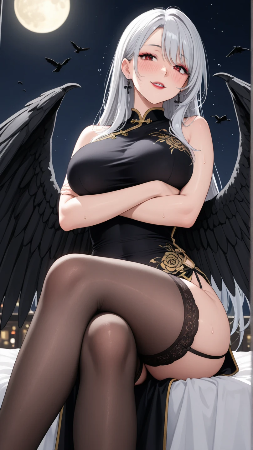 gray eyes, white hair, dark skin, lascivious look, muscular, very voluptuous, full body, big legs, very small waist, huge breasts, very lascivious, angel costume, More lascivious, More lascivious, blowjob