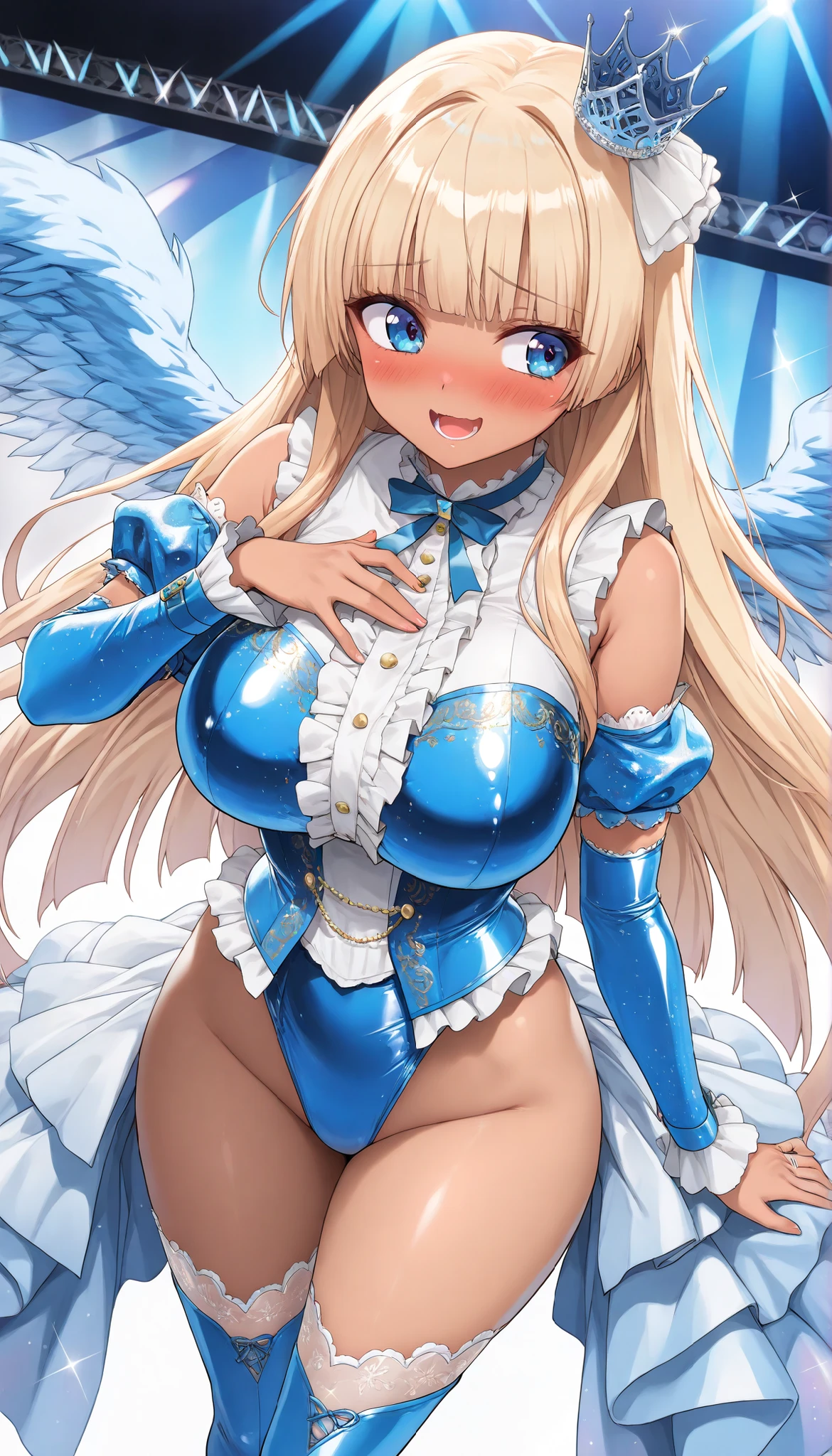 (((best quality))), ((ultra-detailed)), (((masterpiece))), (illustration), ((an extremely delicate and beautiful)), ((super detail)), ((high resolution)), (((nsfw))), ((cybernetic)), (futuristic), (biopunk), (fantasy), full body, stylish, (seductive), (((erotic))), (((20 years old))), metallic cloth, (pussy juice), camel toe, (maid), (android), ((mechanical wings)), delicate metal decorations, gleaming skin, shiny body, two legs, ((((female masturbation)))), soaking wet, breast focus, (((tall))), slender legs, ((big round eyes)), cute eyes, drooping eyes, ((adult)), (right hand on the clitoris and left hand on the breast), two hands, ((open legs)), spread legs, five fingers, no extra hands, elegant smile, braid, medium length hair, (((ultra-huge breasts))), ((metallic blue)), ((dark blonde)),