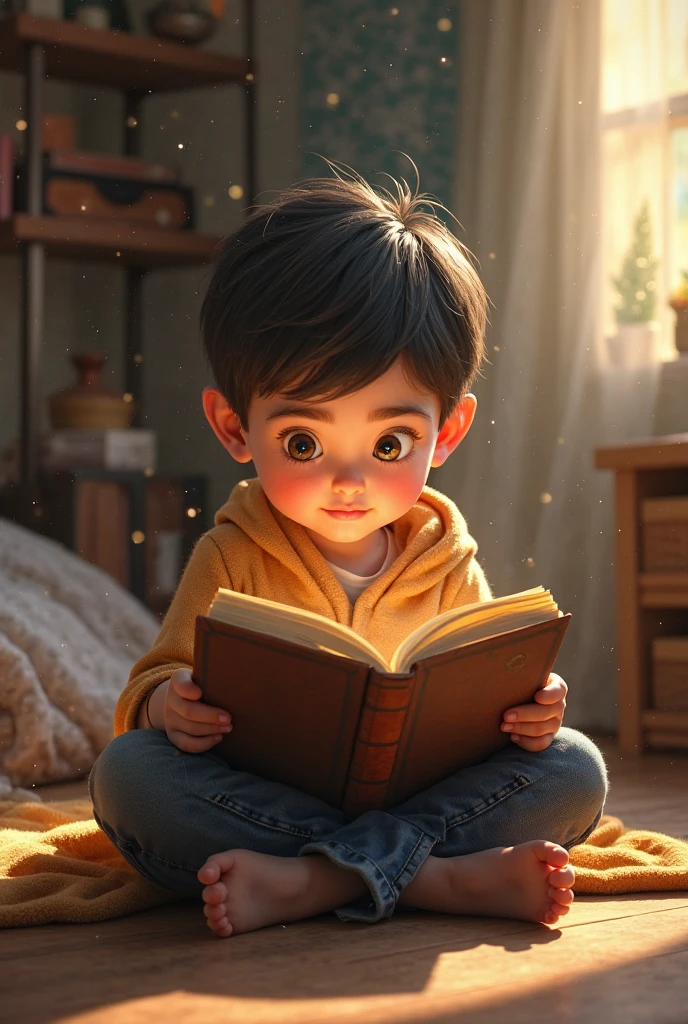 Child studying with a smile and a look of enchantment at the book in his hands