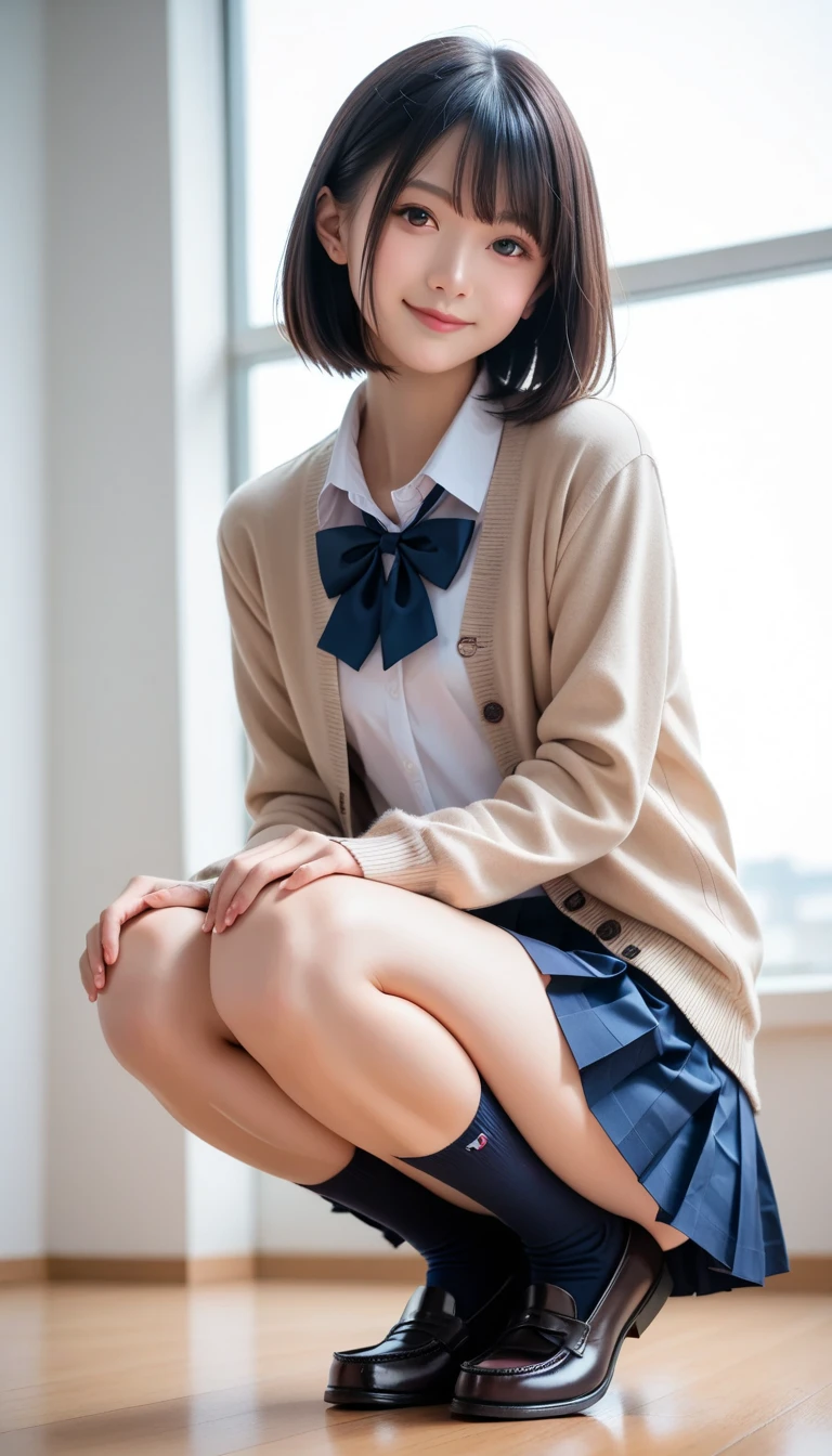 navy long sleeve cardigan:1.5、One Person、Japanese high school girl、独奏、a baby face、small tits:1.5、Phetcha Pai、a short bob、Red plaid skirt、Plaid、Black knee socks、navy long sleeve cardigan:1.5、Red pleated skirt、a bow tie、espadrilles、White sneakers、Sitting on a chair、a short bob、Navy Cardigan、Realistic scale、raw、top-quality、masuter piece、parfect anatomy、Correct human body、school classrooms、Classroom lined with desks、chalk board、Professional Photographer