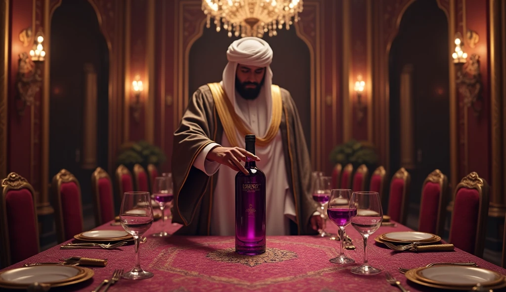 bottom: A table with glasses arranged in different positions. The glasses are labeled as full., half full and empty.
Main character: Sheik Salerm Nasair, pointing to the glasses and explaining the problem.
Details: The glasses are clearly differentiated by labels or colors.. The sheikh is gesturing towards the glasses to show the problem.