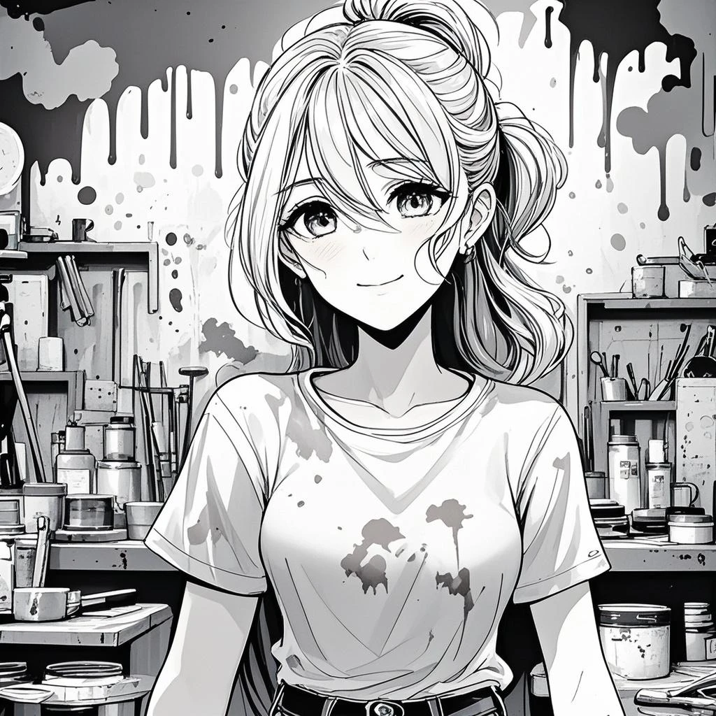 best quality , monochrome , lineart,1girl, bob cut, flat chest , short hair , , round_eyewear, hand on hip,looking at viewer,open mouth, in the office room