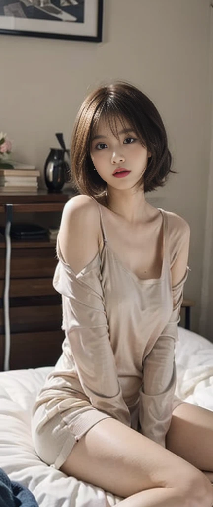 highest quality, masterpiece, Ultra-high resolution, (Realistic:1.4), (Full body portrait)、 whole body、lie face down、Relaxing in a luxury hotel suite、back view、looking away、 looking back over the shoulder、smile、I can see your back、(Beautiful shoulder blades)、RAW Photos, 1 girl,Japanese、(Women with long legs)、 22 years old,Toned body、((A cool off-the-shoulder knit mini dress)),masterpiece, Realistic pictures, Beautiful Face、Well-formed eyes、Symmetrical face、a painful face、 flat chest、 neat woman, natural beauty、 light makeup , saturation, Contrast, ((Small breasts)), Iris、Brown Hair, Short Hair, Stylish bangs、Thin eyebrows、