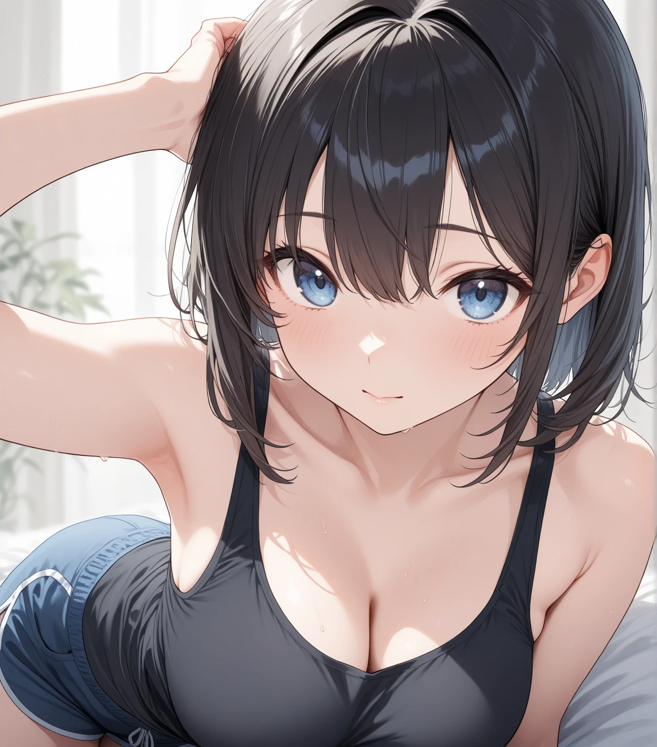 1girl, short black hair, blue eyes, wearing plain white bikini, denim shorts, city, absurdres, high res, ultrasharp, 8K, masterpiece, looking at viewer