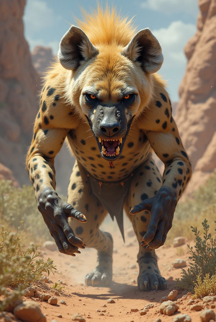 anthro (hyena), (detailed fluffy fur, detailed fur texture:1.2), adult, male, solo, muscular, veiny muscles, bulge, us military uniform:1, tail, detailed background, wilderness background, photorealistic, hyper realistic, ultra detailed,