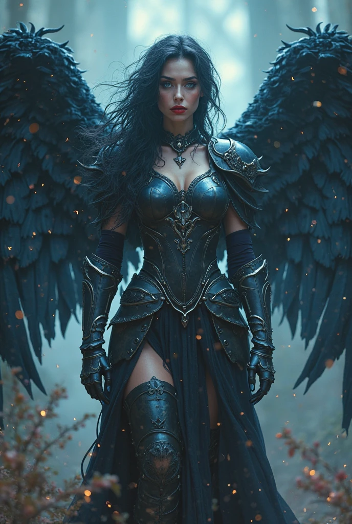 a beautiful latina woman in a black leather outfit and wings walking down a street, villainess has black angel wings, seductive cyberpunk dark fantasy, as a mystical valkyrie, iu lee ji-eun as a super villain, very stylish fantasy armor, angel in plastic armor, intricate costume design, wearing fantasy armor, fantasy woman, steampunk fantasy style, complex fantasy character, fantasy outfit