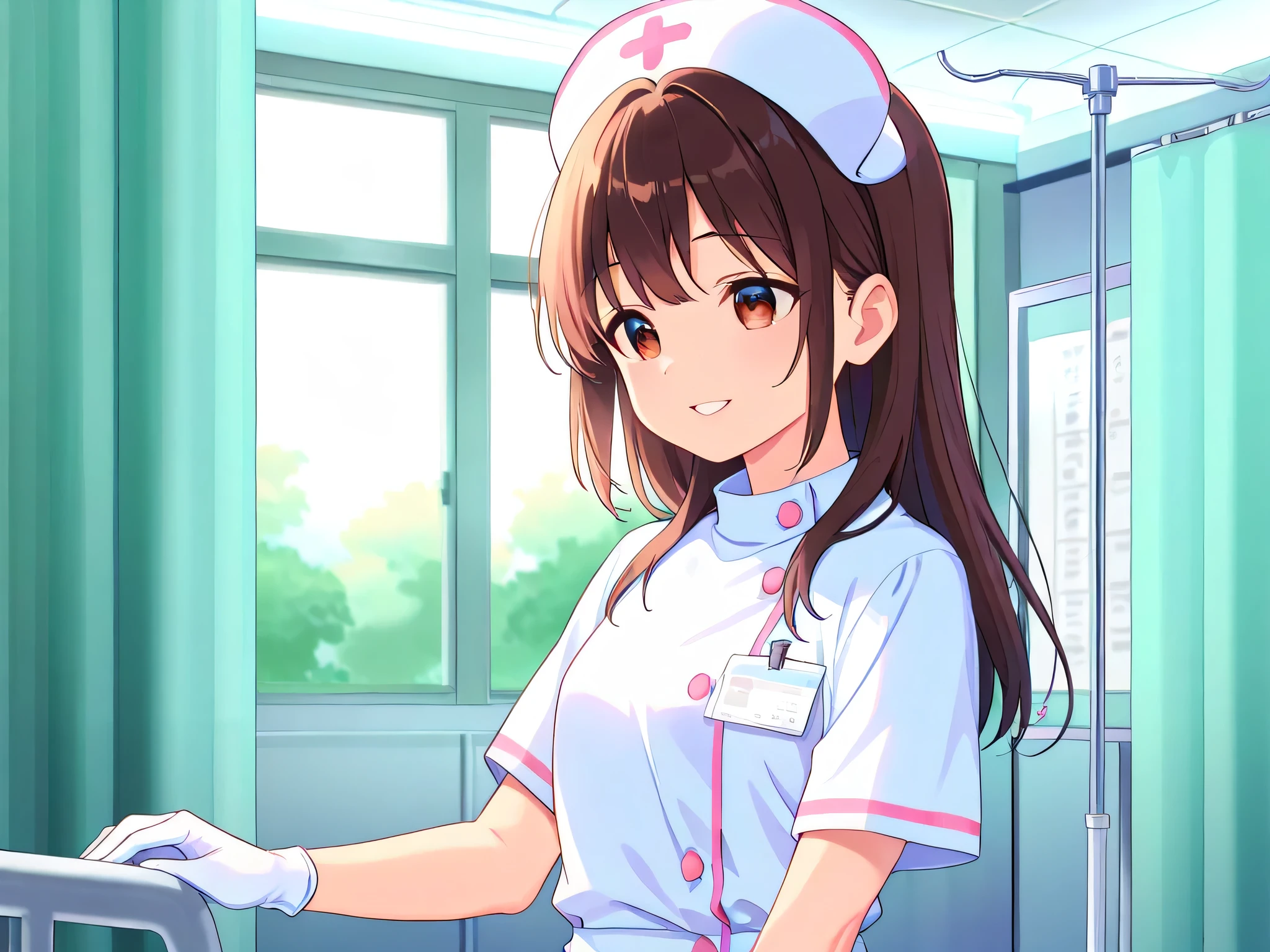 A young anime-style female nurse in a white uniform and nurse cap, standing in a bright hospital nurse station. She has a kind smile and is talking to a patient. Background includes medical monitors, IV stands, chart shelves, and fluorescent lighting. Clean, detailed environment with warm atmosphere. Daytime lighting, natural pose, high detail, professional and caring mood.