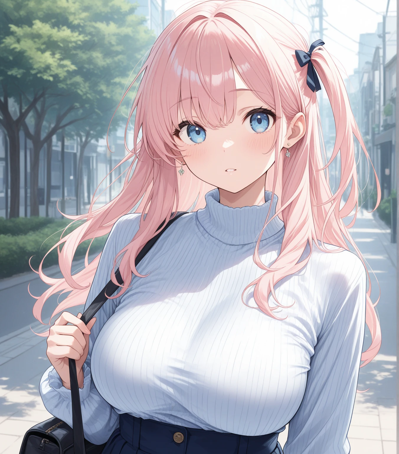 woman, pink hair, long hair, open forehead, no bangs, blue eyes, big breasts
Casual clothes, tears 