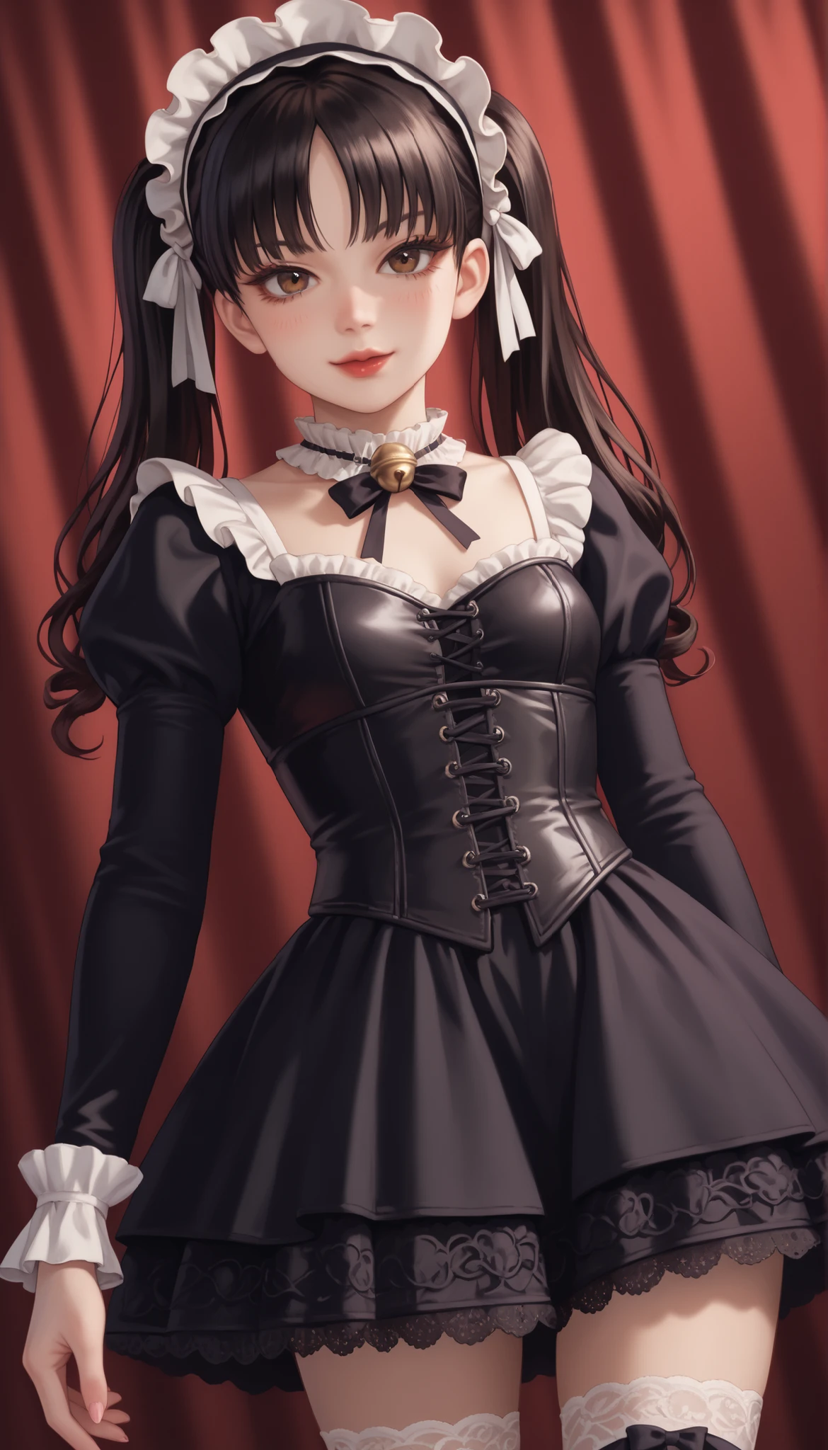 (ultra-detailed), (Ultra-high resolution), (8k), (HD), (High Quality), (Top quality), (High-Detailed), (Detailed CG), (Cinematic Shadow:1.0), (Beautiful Detailed Eyes), (Ultra Resolution), (Depth of Field), (High Resolution), (Masterpiece), (best quality), (amazing quality), (very aesthetic), (perfect eyes), (Anime Art style), (look at viewer), (cowboy shot), 1girl, gothic ta, Tomie, (solo:1.4), long black hair, flowing drill twintails, straight cut bangs with sidelocks, big brown eyes, anime style eyes, pale white face make, sickly puffy eyes, red glossy lips, A gothic ta girl in a highly detailed black and white dress, featuring a tightly laced corset with delicate white ribbons and black lace, voluminous puffed long sleeves trimmed with layered white frills, a bell-shaped skirt with a black velvet overskirt and ornate white lace underskirt, wearing thigh-high white lace-trimmed stockings, tall black leather lace-up boots with platform soles, and a large black lace bonnet with floral embroidery and matching bows, elegant and darkly romantic atmosphere, small breasts, slender build, long slender legs, standing in a elegant pose, hands by side, arms by side, gothic background, dynamic background, dynamic angle