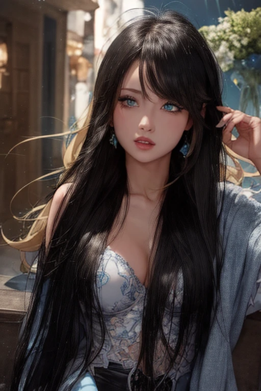 ultra high definition,16k,masterpiece of the highest quality ,black curly hair , 1 girl solo,Tattoos are , black hair color hair , ear nipple ring,Rapunzel looking at the audience, arm tattoo, simple background: White background, lips, Upper body, Chinese clothes, blue eyes, sleeveless ,You want a true and natural skin texture,