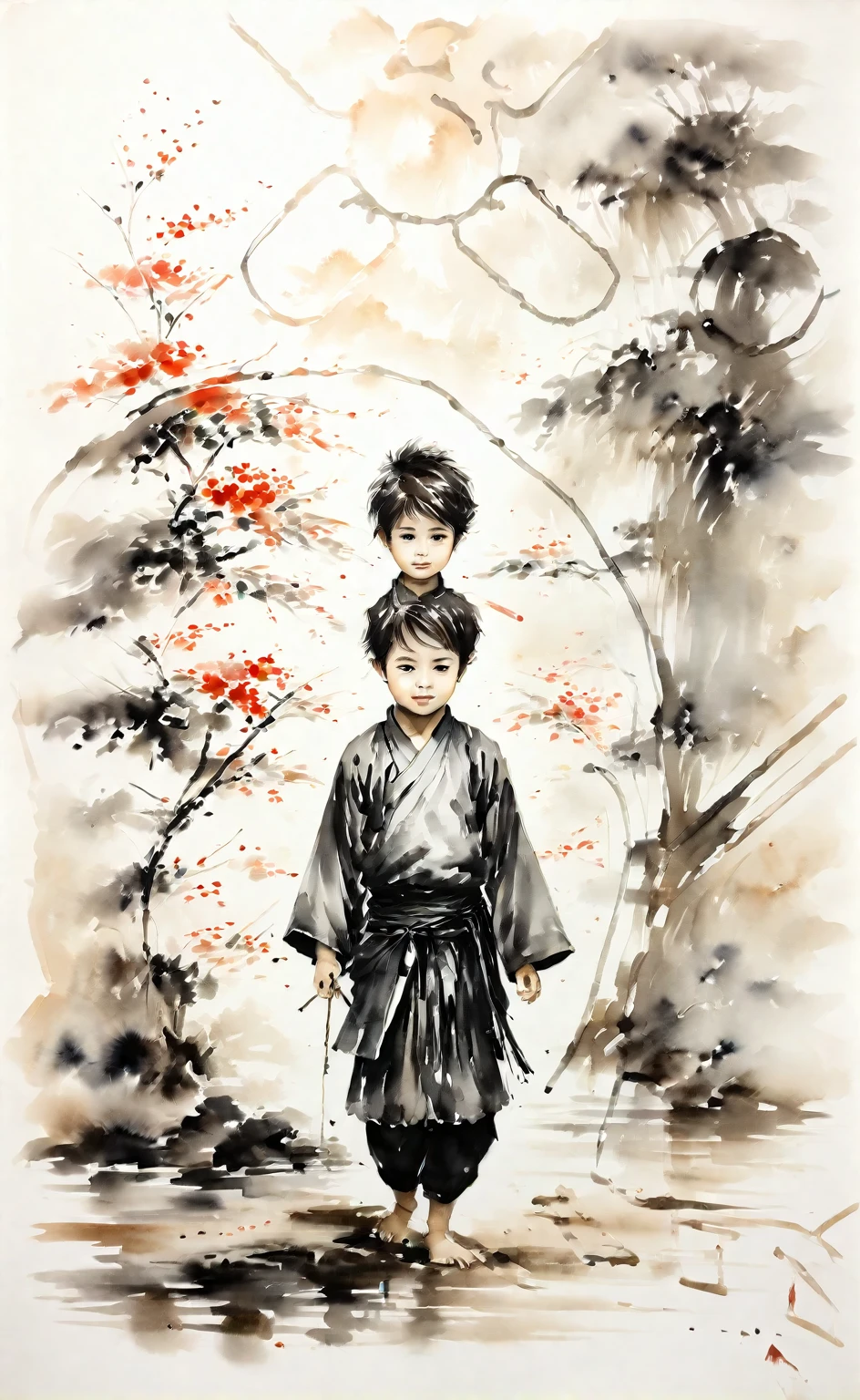 (best quality, highres, ultra-detailed:1.2), realistic, Ink Wash painting, vibrant colors, moody lighting, 1 boy, beautiful detailed eyes, expressive face, tousled hair, vibrant and flowing traditional clothing, standing in a serene natural surrounding, surrounded by lush green trees and blooming flowers, with a gentle breeze caressing his face, holding a small and intricate painted calligraphy scroll, which symbolizes wisdom and knowledge, a serene and introspective expression on his face, as if lost in deep thought, capturing a moment of tranquility and contemplation.
