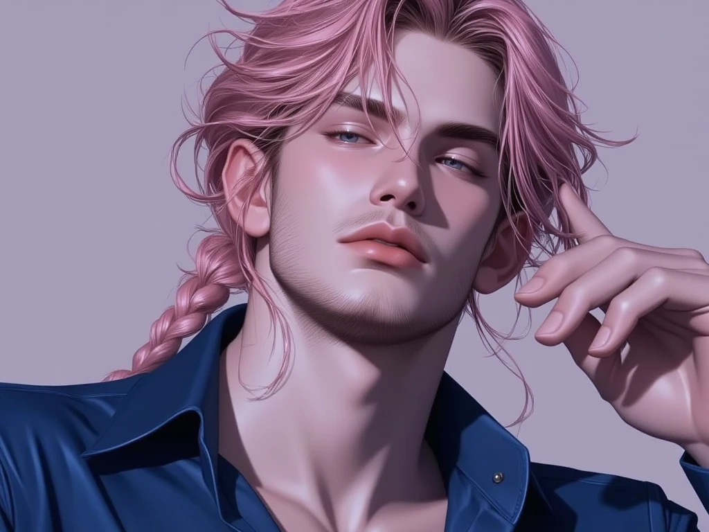 Homen de cabelo metade preto e outra metade rosa, triste