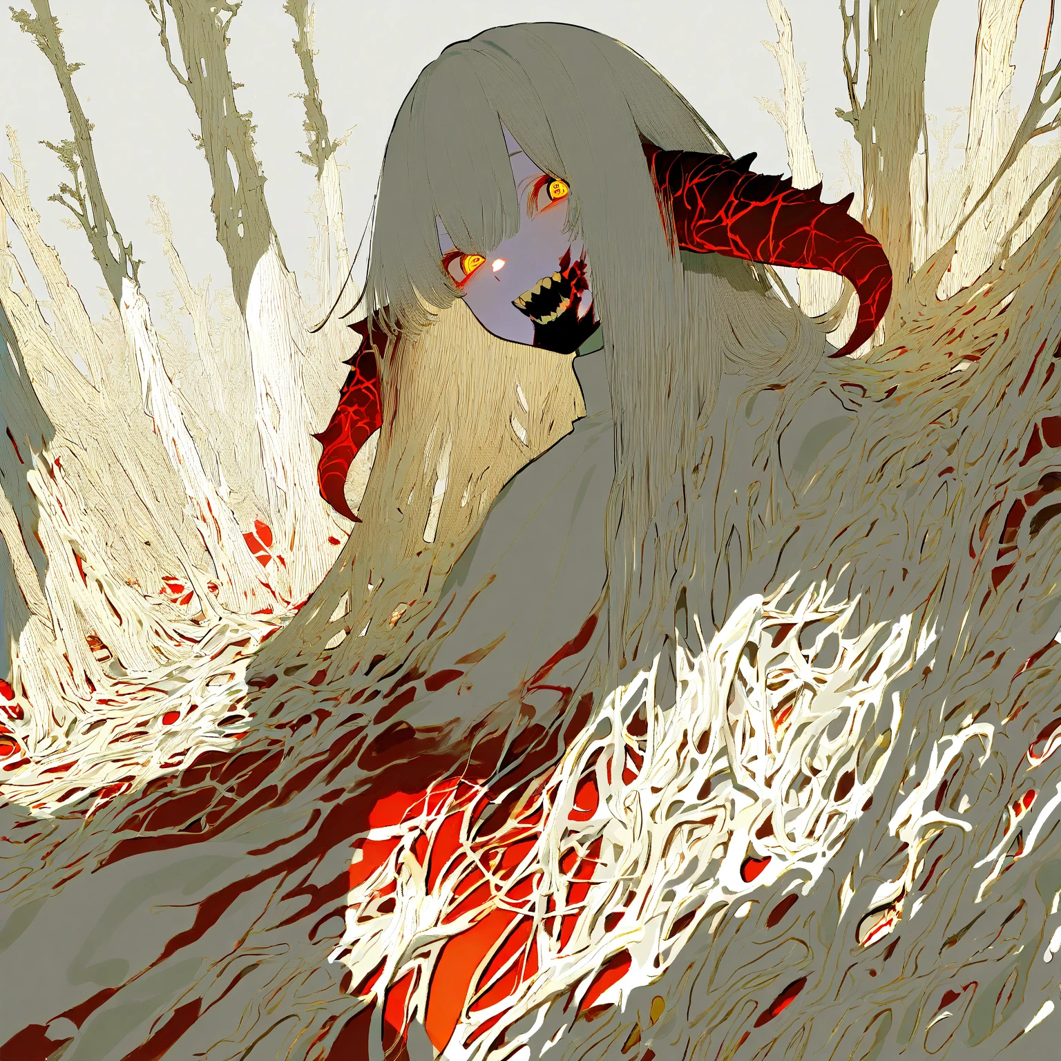 Eyeless white deer with goopy liquid all over their body and face, as well as some squid tentacles sprouting from their back.