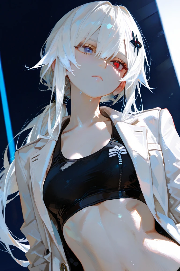 There is a white shirt,There is a black and white design on it, sport bra and shirt, ripped up white garment, signature on the bottom, Open V chest clothes, bralette, detailed outfits, Detailed clothes, fake hidden detail, ripped clothing, Light gray hoodie opening, grey hoodie opened, Very detailed picture, The upper part of the body, with ripped crop t - shirt,Wear a corset,femele,8k,perfect pubic
