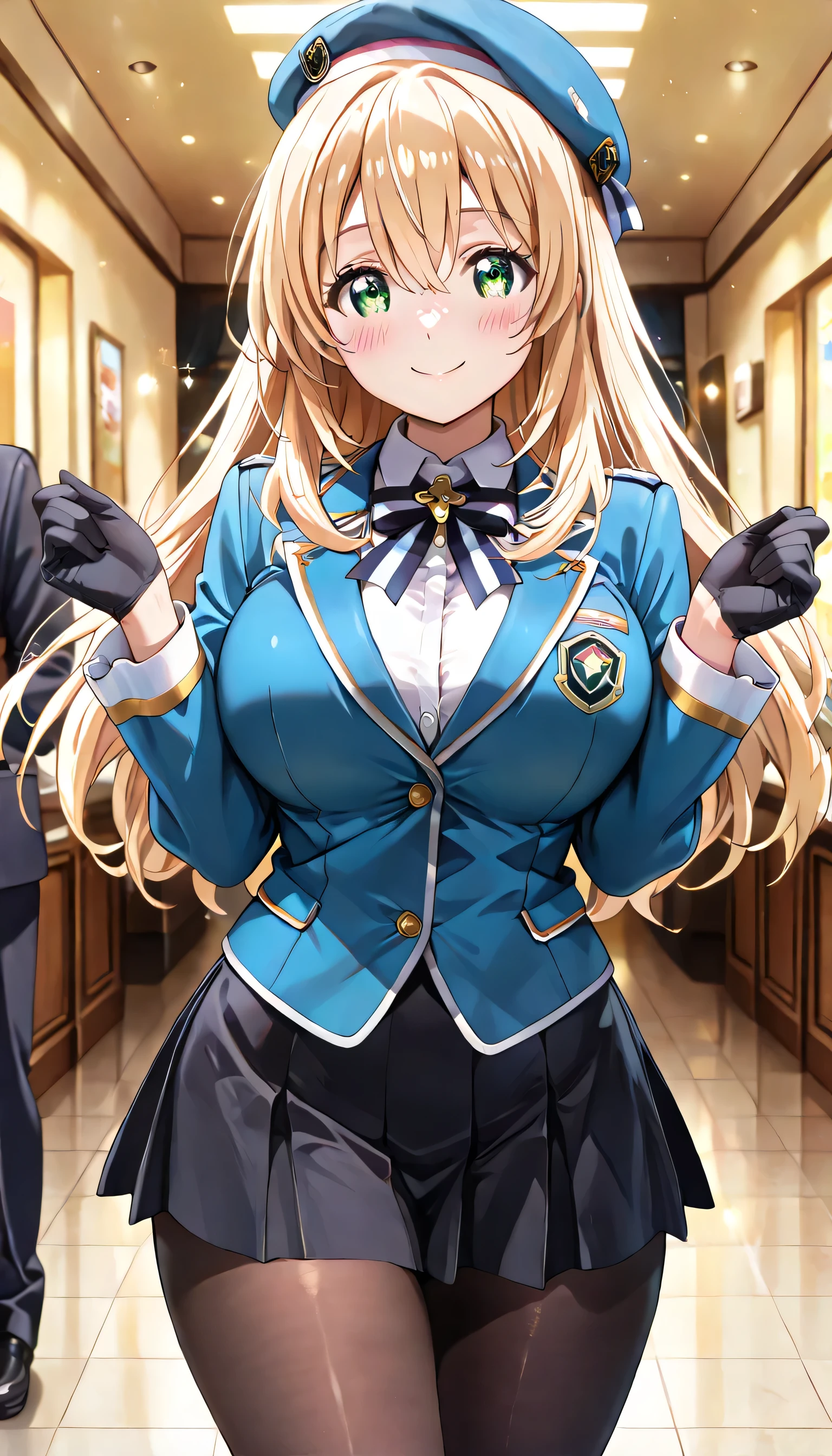 ((ultra-detailed)), (highly detailed CG illustration), (best quality:1.2), ultra-highly detailed, colorful composition, artistic photoshoot, 1girl, solo focus, ((thigh to top:1.3)), ((cowboy shot:1.3)), moe anime character, girl, dainty facial structure, ( face), (round face), ((rounded chin:1.2)), ((ideal ratio body proportions)), atagokc, blonde, green eyes, long hair, bangs, hair between eyes, big breasts, blue hat, beret, thick thighs atagodefkc, blue military uniform skirt, ascott, blue jacket, black skirt, maxi skirt, black pantyhose, blue shoes, black gloves, ((smile)), ((blush:1.3)), ((standing on the President's Office:1.3)), from front, dynamic pose, contrapposto pose, best quality, expecting, pink cheek, blush, light pink gloss slip, portrait, depth of field, sparkling sunlight, lighting, backlighting, (shine), lighting, caustics, ray tracing, perfect face, lustrous skin, highly detailed face, highly detailed eyes, perfect face, perfect nose, perfect hair, perfect eyes, perfect anatomy, beautiful hair, beautiful small face, extremely detailed face, beautiful detailed eyes, beautiful clavicle, beautiful body, beautiful breasts, leavage, breasts squeezed together, equalize the size of the left and right breasts, beautiful thin thighs, beautiful legs, beautiful fingers, ((4 fingers)), 1 thumb, lovely, (very detailed background:1.0), (highly detailed background:1.0), summer aesthetic, intricate details, festival atmosphere, summer colors palette, chromatic aberration