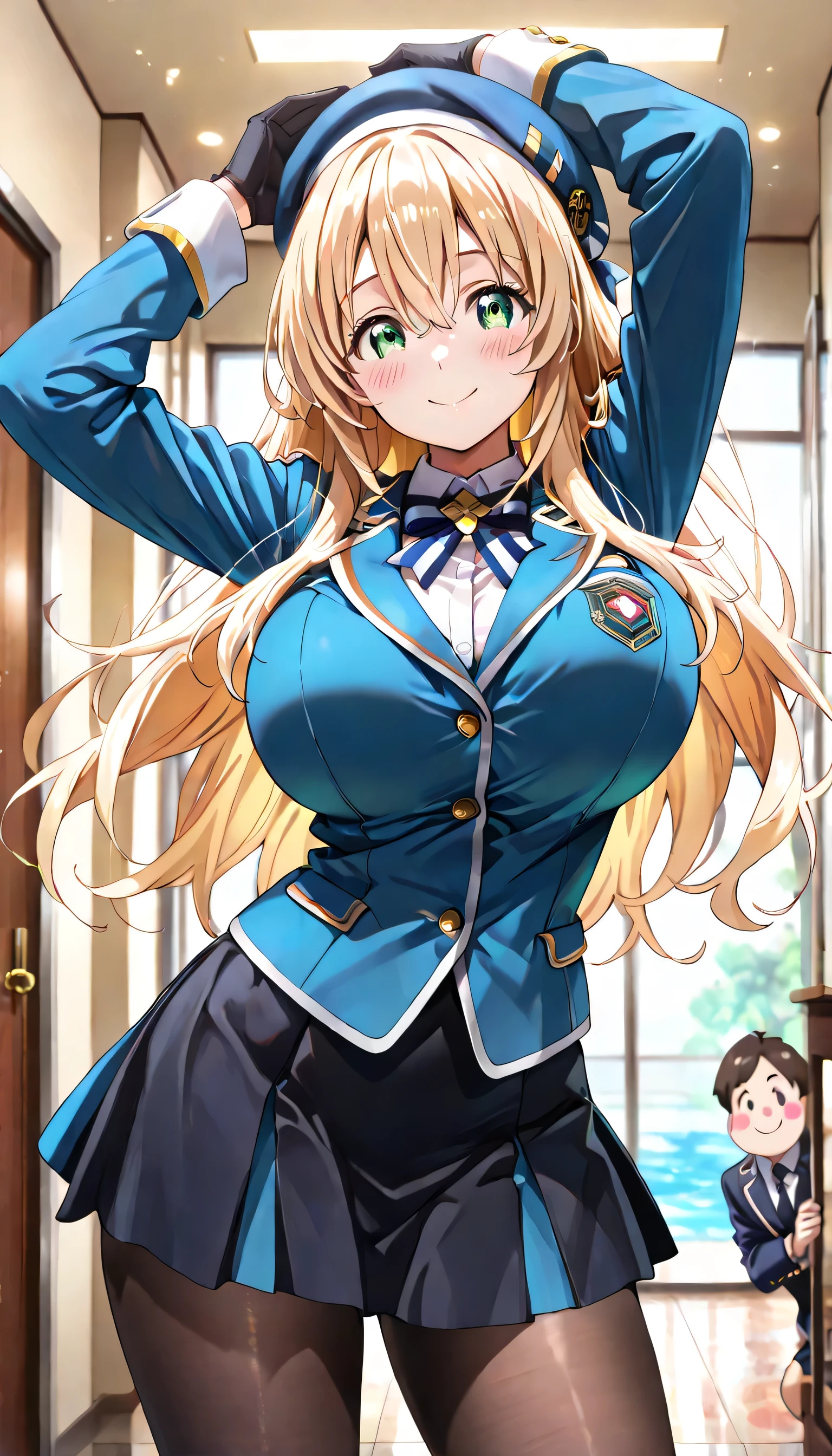 ((ultra-detailed)), (highly detailed CG illustration), (best quality:1.2), ultra-highly detailed, colorful composition, artistic photoshoot, 1girl, solo focus, ((thigh to top:1.3)), ((cowboy shot:1.3)), moe anime character, girl, dainty facial structure, ( face), (round face), ((rounded chin:1.2)), ((ideal ratio body proportions)), atagokc, blonde, green eyes, long hair, bangs, hair between eyes, big breasts, blue hat, beret, thick thighs atagodefkc, blue military uniform skirt, ascott, blue jacket, black skirt, maxi skirt, black pantyhose, blue shoes, black gloves, ((smile)), ((blush:1.3)), ((standing on the President's Office:1.3)), from front, dynamic pose, contrapposto pose, best quality, expecting, pink cheek, blush, light pink gloss slip, portrait, depth of field, sparkling sunlight, lighting, backlighting, (shine), lighting, caustics, ray tracing, perfect face, lustrous skin, highly detailed face, highly detailed eyes, perfect face, perfect nose, perfect hair, perfect eyes, perfect anatomy, beautiful hair, beautiful small face, extremely detailed face, beautiful detailed eyes, beautiful clavicle, beautiful body, beautiful breasts, leavage, breasts squeezed together, equalize the size of the left and right breasts, beautiful thin thighs, beautiful legs, beautiful fingers, ((4 fingers)), 1 thumb, lovely, (very detailed background:1.0), (highly detailed background:1.0), summer aesthetic, intricate details, festival atmosphere, summer colors palette, chromatic aberration