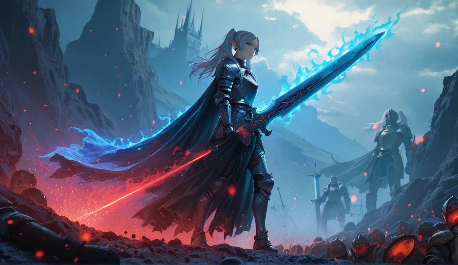 1girl, view from behind, dark dungeon, rocks, tight clothing, long hair, holding a sword in one hand, combat attack position, full body