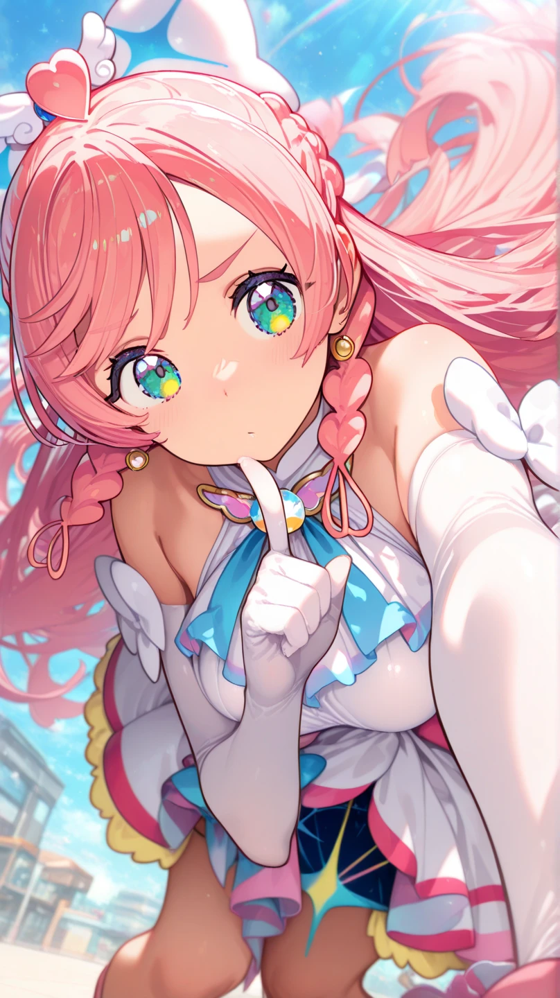 girl,((The world is small:1.3)),smile,Fairytale princess style,Alice in Wonderland,Cheshire Cat,Face close-up,(Pink and white pattern background:1.2),Red and white and pink and yellow,(look up:1.3),(Browsing Caution),(Alluring cleavage),(Absolute area:1.3)