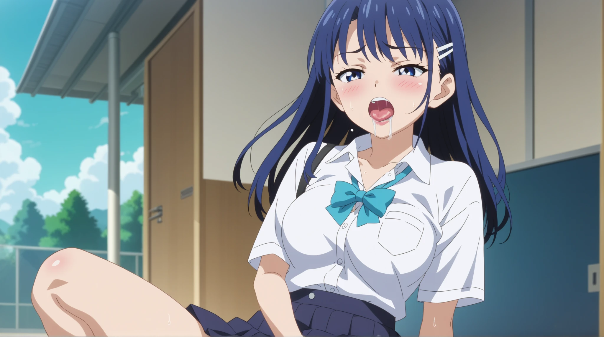 (2 girls) ,(old high quality) ,(Yukinoshita Yukino ,blue eyes), (Yuigahama Yui , brown eyes,big breasts),classroom ,machine,Chair,open your mouth,,glare, troubled face,(low position),(Seen from below),school uniform,(check skirt),nsfw,sit,thighs,knee,(white panties),(pink panties),